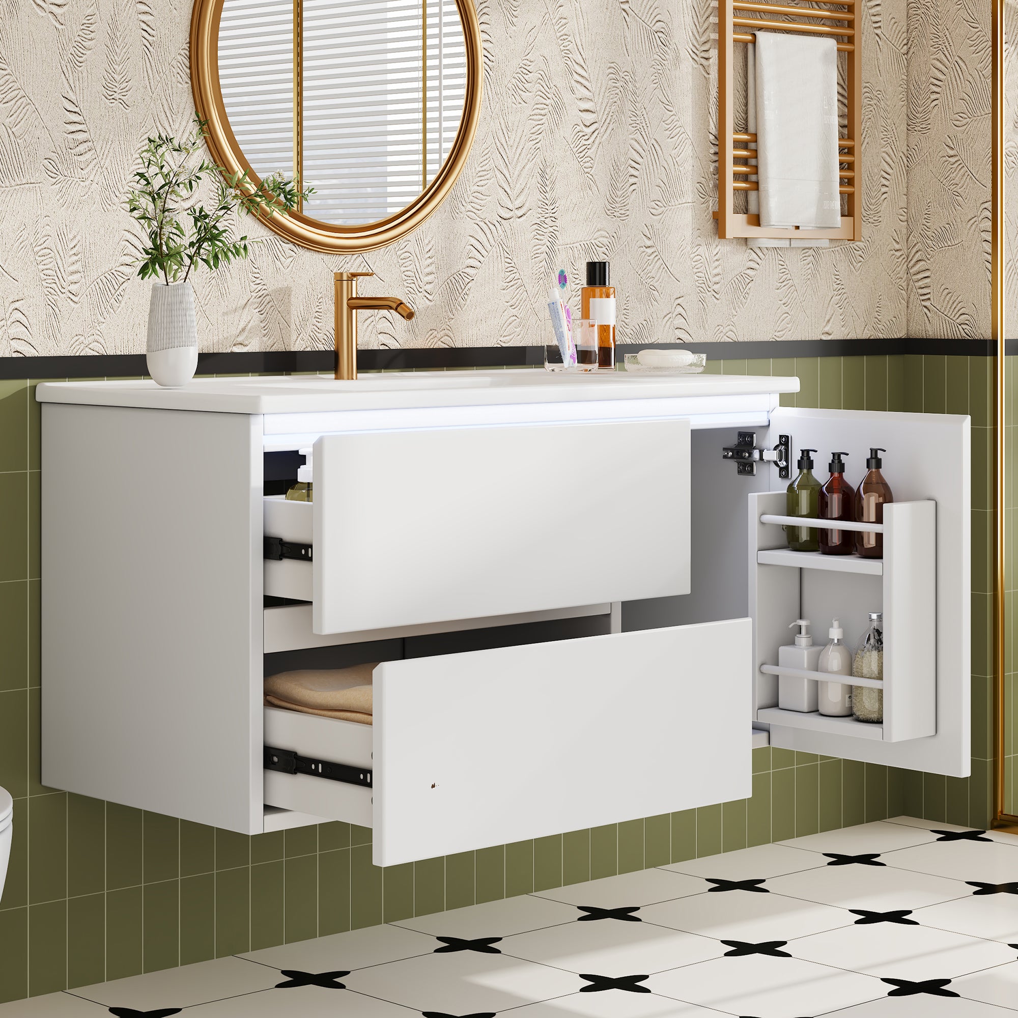 Szafka łazienkowa wisząca - pojedyncza umywalka ceramiczna, 1 drzwi i 2 szuflady - 91 x 46,5 x 50,5 cm - płyta MDF - diody LED - lakier biały