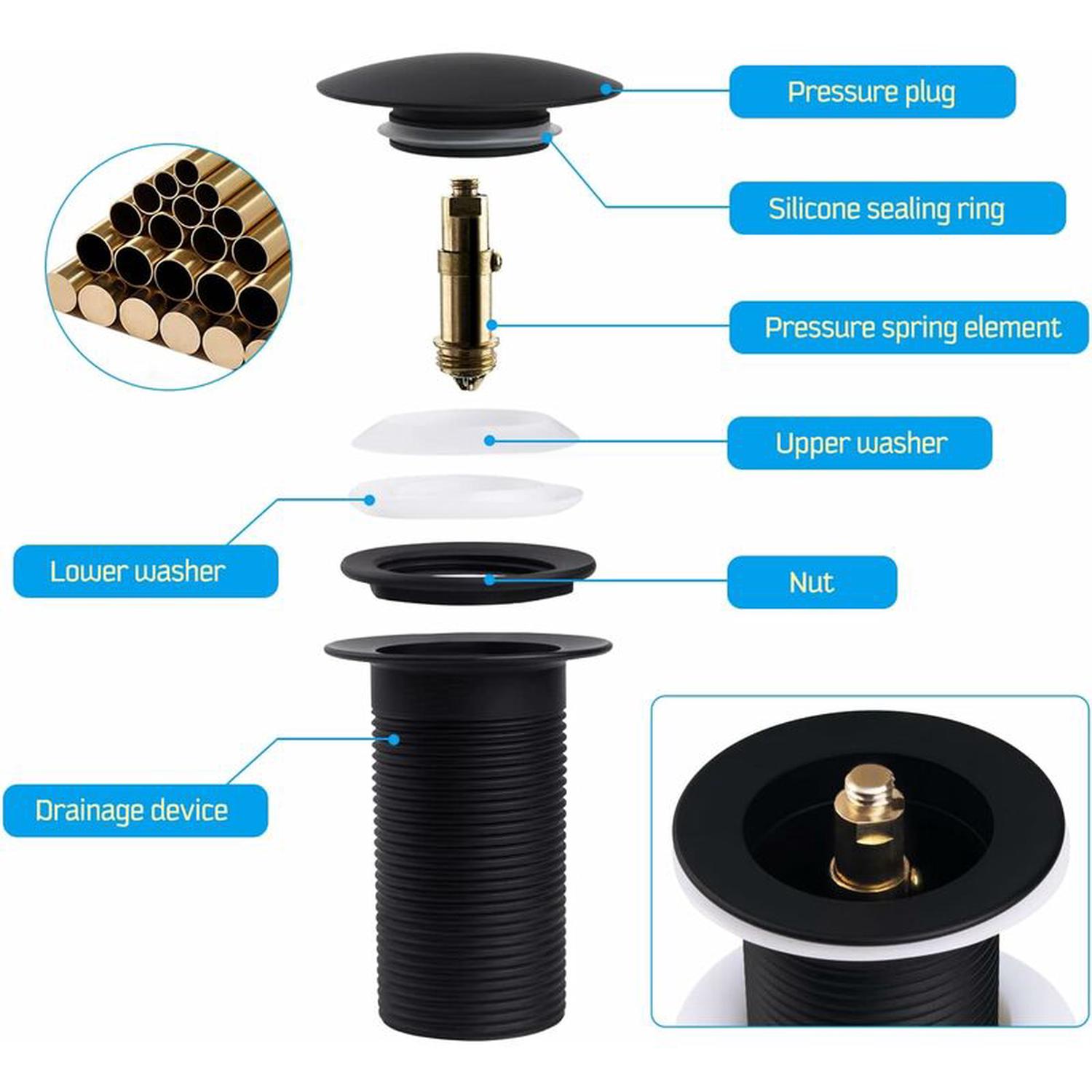 Bonde de Lavabo Noir Sans Trop Plein, Bonde de Lavabo Pop Up Noir Universelle, Bonde Pop Up Automatique pour Vasque a Poser - 4