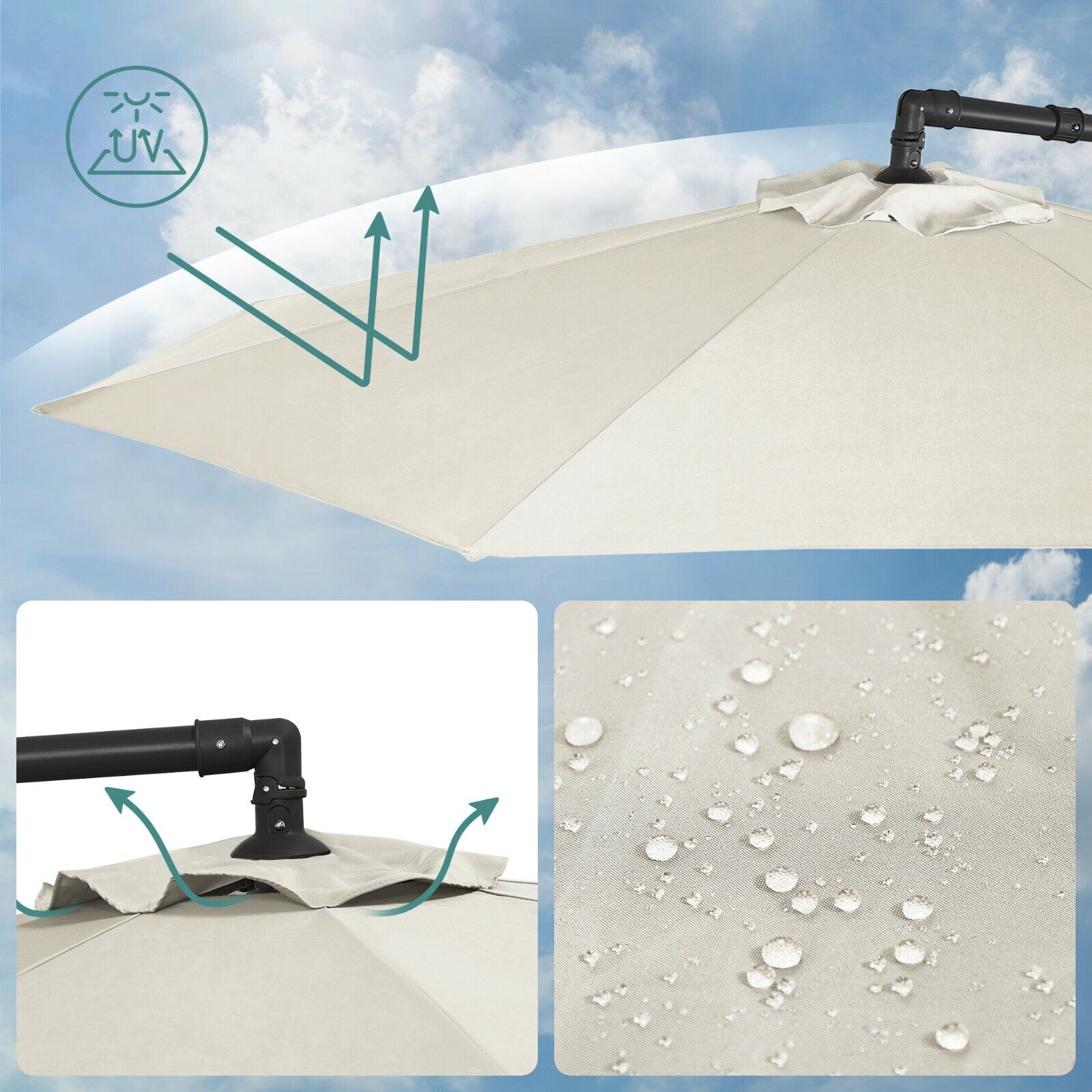 Parasol de Jardin Extérieur Déporté, avec Base, Ø3m, UPF 50+ Protection Solaire,Beige - 3