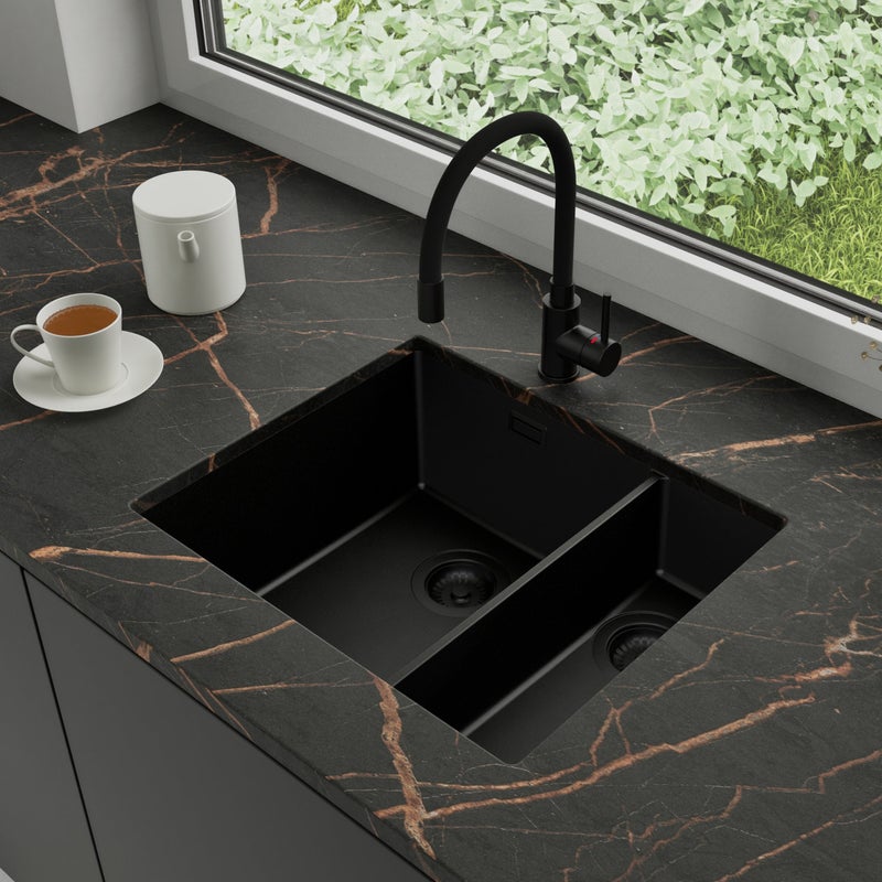 Zlewozmywak podblatowy 56x47cm, do szafki od 60cm + Bateria + Syfon - Agate Cały Czarny STONESTYLE