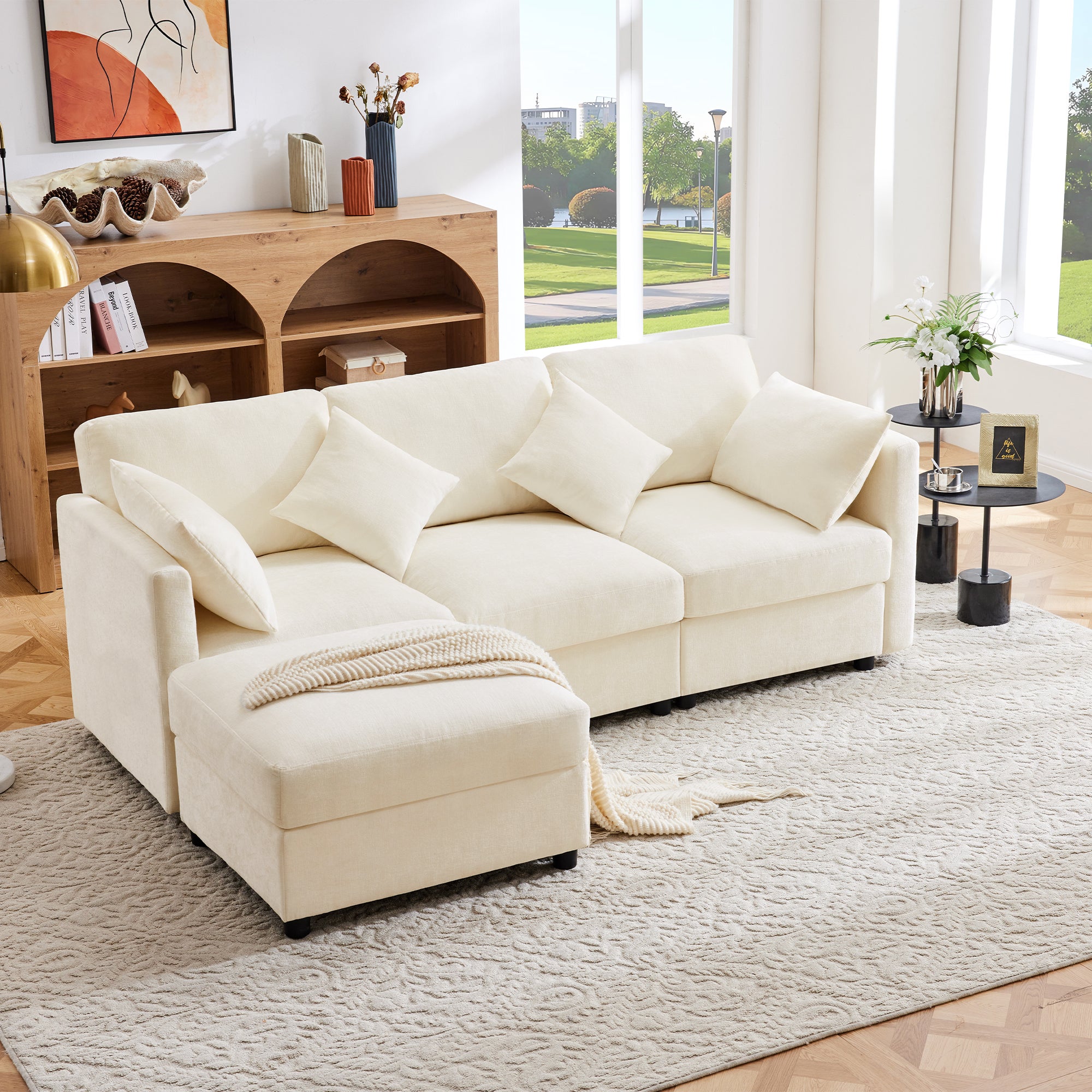 Divano angolare 3 posti con poggiapiedi e braccioli regolabili - 218 x 156,5 x 86 cm - Tessuto ciniglia - Beige - 6