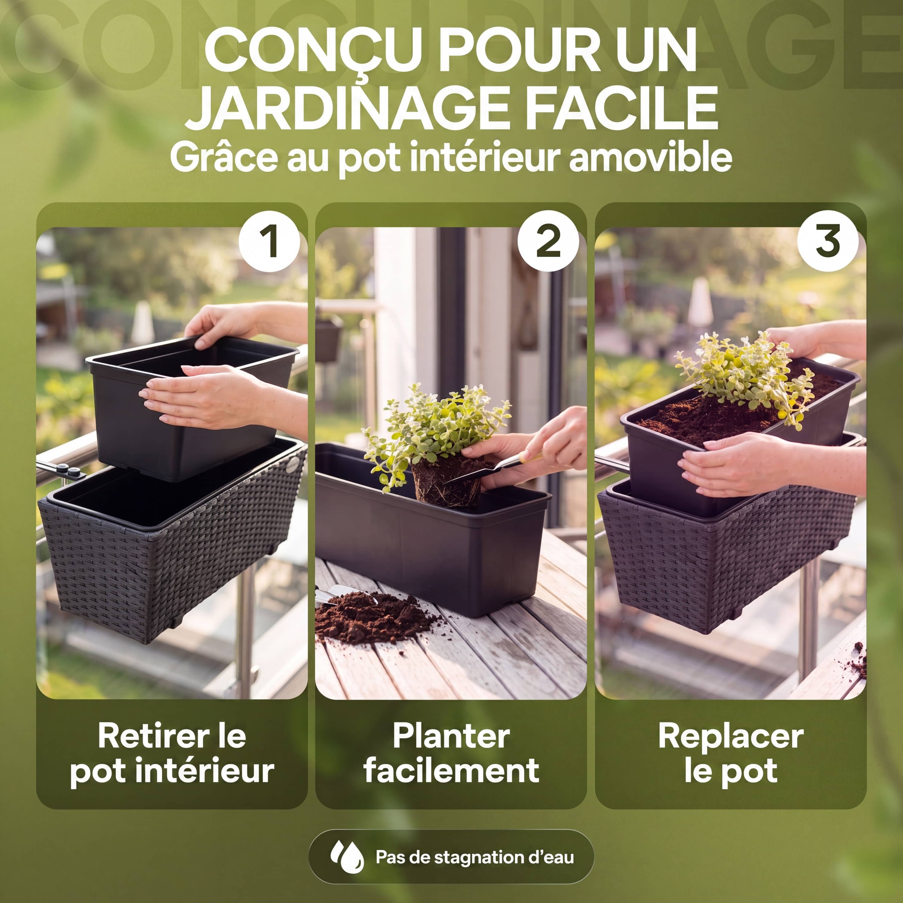 CASARIA Lot de 4x Bacs à fleurs en Polyrotin Crème - Rambarde, Balconnière - 5
