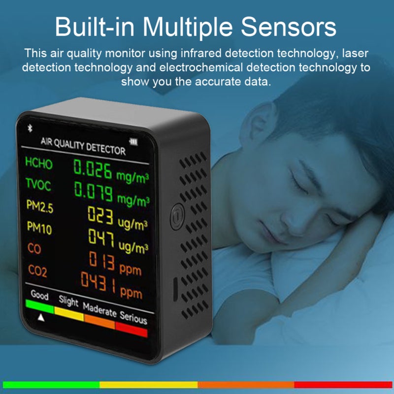 Monitor de calidad del aire multifuncional 6 en 1, detecta PM2.5, PM10, HCHO, TVOC, CO, CO2, pantalla LCD grande, portátil para hogar, oficina, hotel - 5