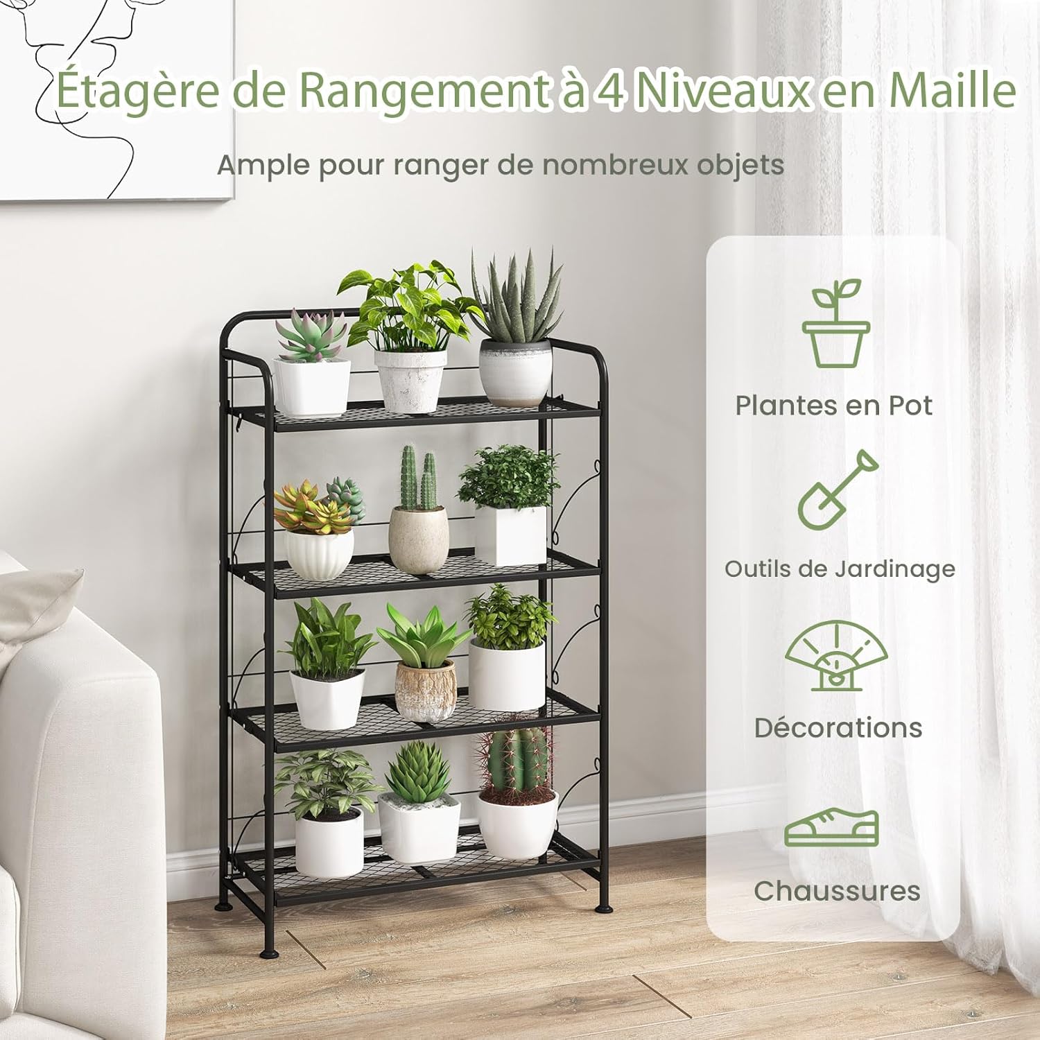 Support de Plante à 4 Niveaux en Métal, Étagère de Plantes Pliante avec Tablettes Réglables, Pieds Réglables, Support pour Plantes pour Balcon, Jardin - 3