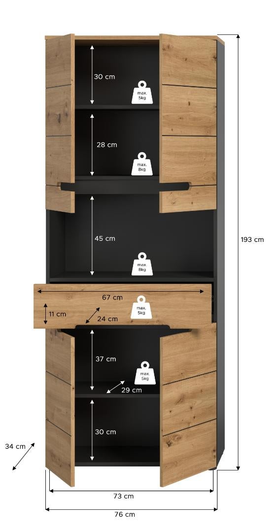 Canu armoire haute pour salle de bain 4 portes, 1 tiroir, 1 étagère chêne décor, gris. - 5