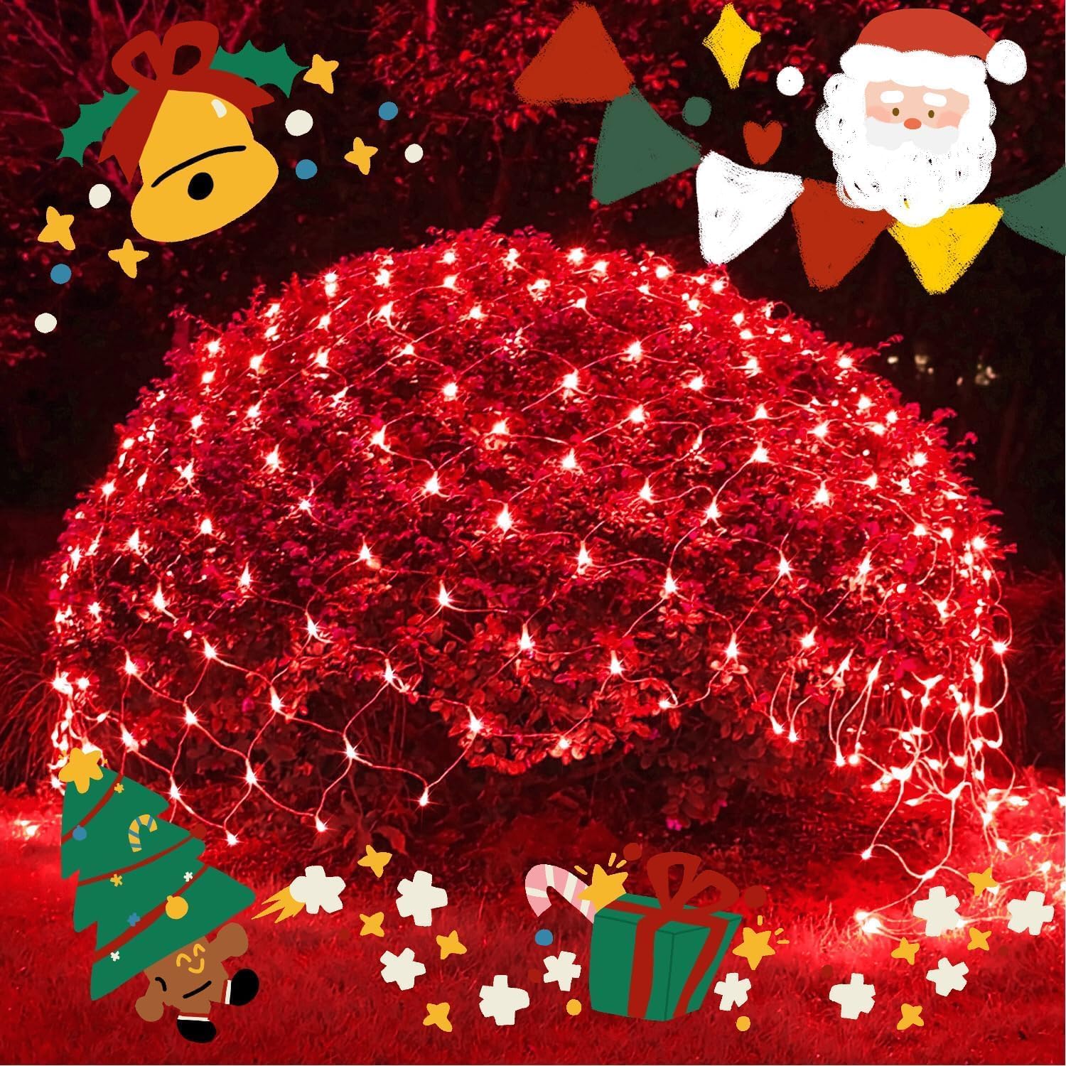 Girlanda świetlna z siatki, 3 x 2 m, 200 diod LED, zewnętrzna siatka świetlna, 8 trybów, owijanie drzewem, oświetlenie dekoracyjne na Czerwony