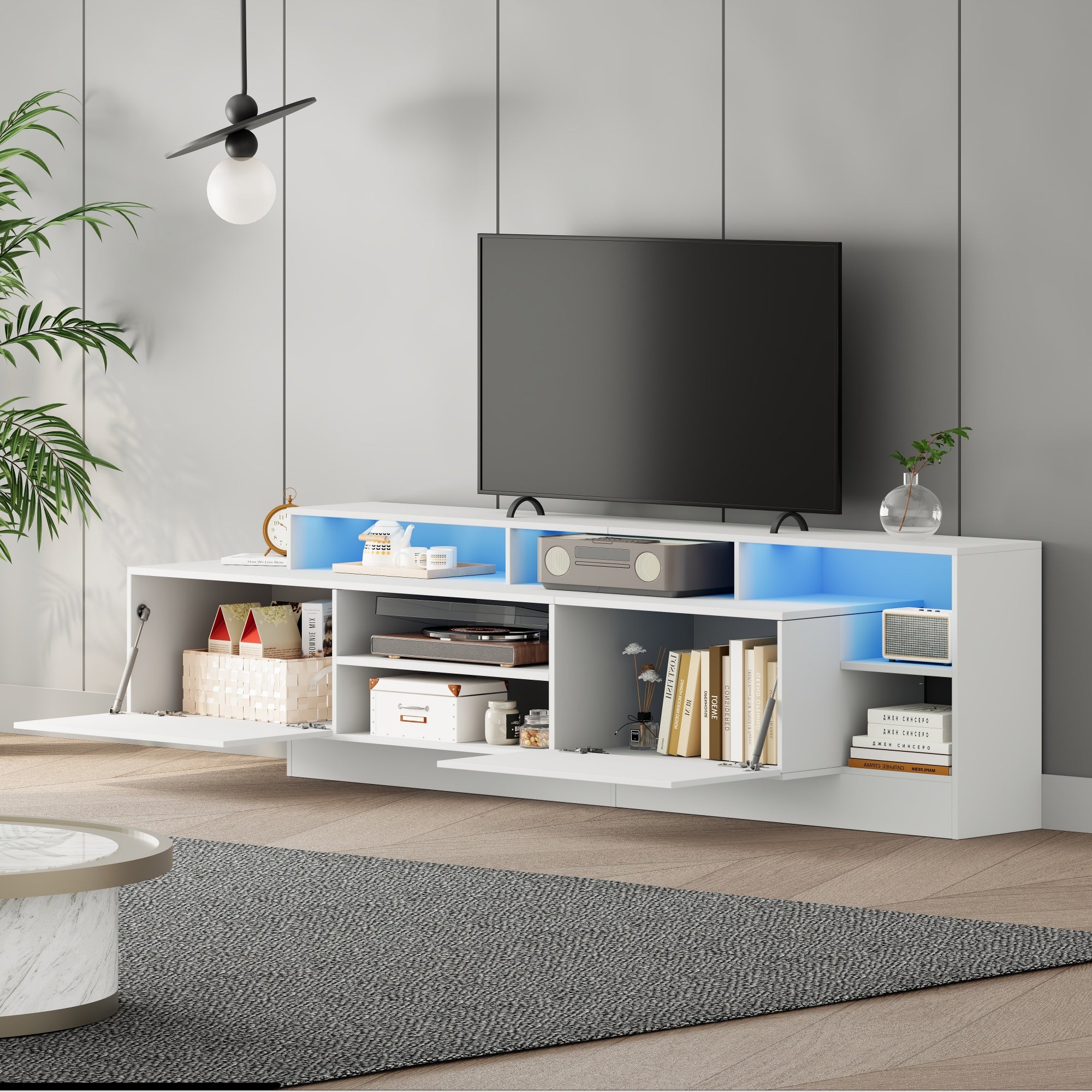 Meble pod TV 190x40x48,5 cm - z oświetleniem LED - z 2 frontami odchylanymi - Otwarta przestrzeń do przechowywania - Błyszczące wykończenie - Biały - 5