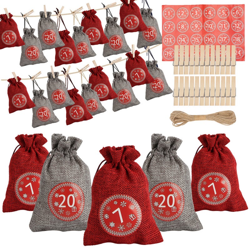 Borsa calendario dell'Avvento,24 calendari dell'Avvento di Natale da riempire da soli,borsa di stoffa del calendario dell'Avvento di Natale,rosso - 7
