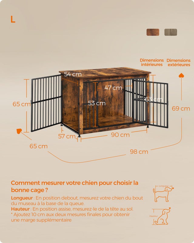 Meuble Cage Pour Chien, Table d'Appoint, Niche Moderne pour Chiens jusqu’à 32 kg, Maison de Chien à Double Porte, Marron Rustique - 5