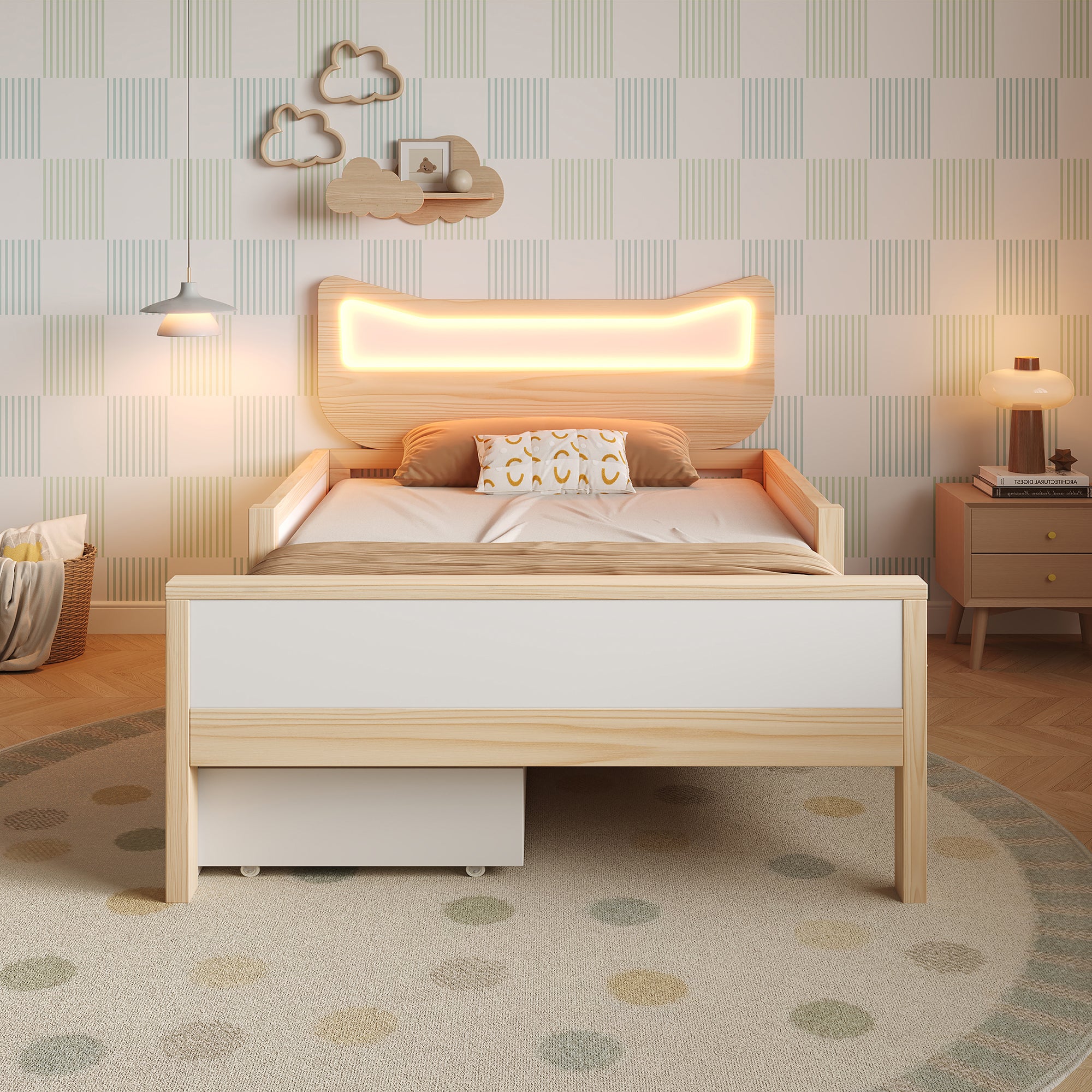 Lit enfant 90×190 cm avec RGB LED et tête de lit oreilles de chat,Lit simple avec tiroirs et compartiments de rangement,Blanc+chêne(Sans matelas) - 3