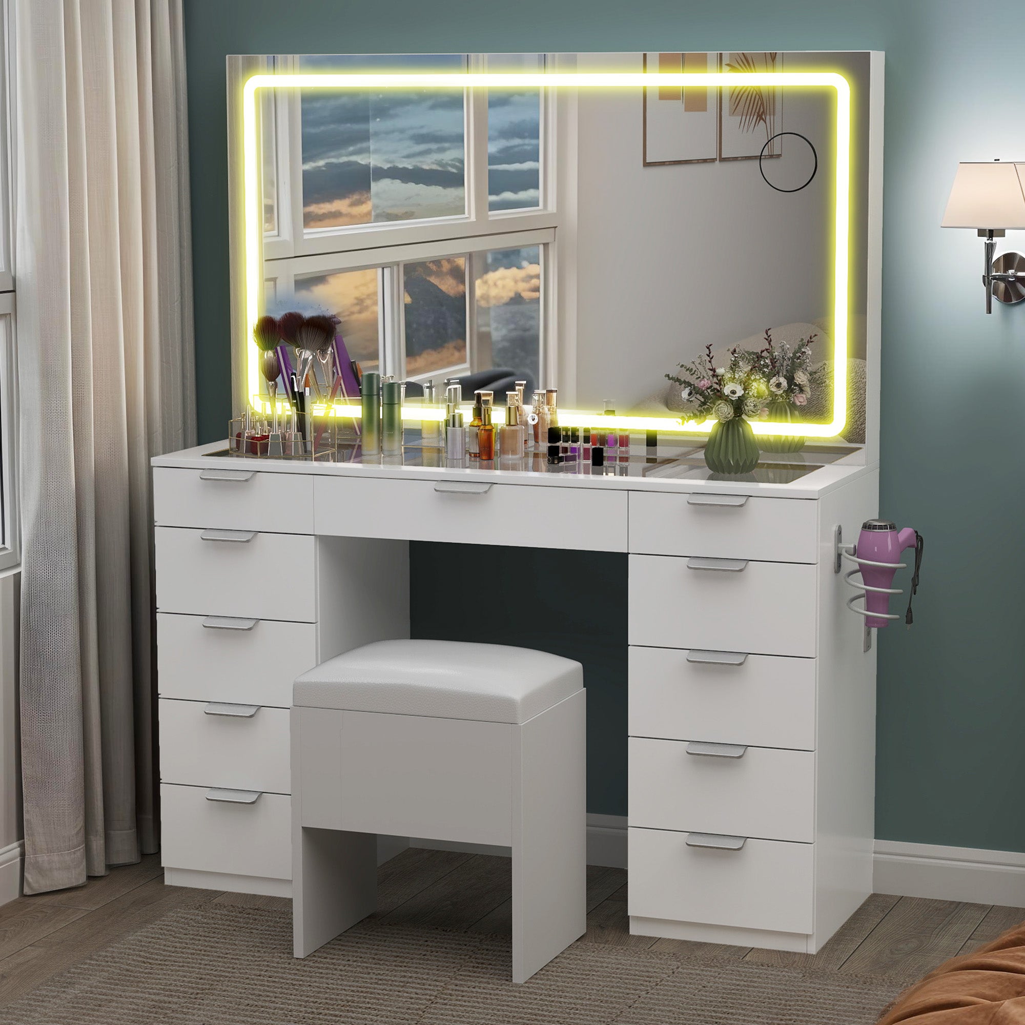 Balconera Coiffeuse avec Miroir LED réglable, Prise EU，11 Tiroirs, 40 x 114 x 134cm, avec Tabouret, Blanc, Style Moderne - 7