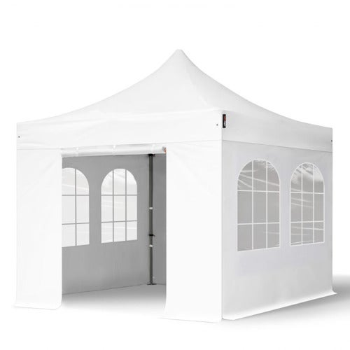 3x3 m gazebo pieghevole PVC ignifugo con 4 laterali (finestre), PREMIUM acciaio, bianco