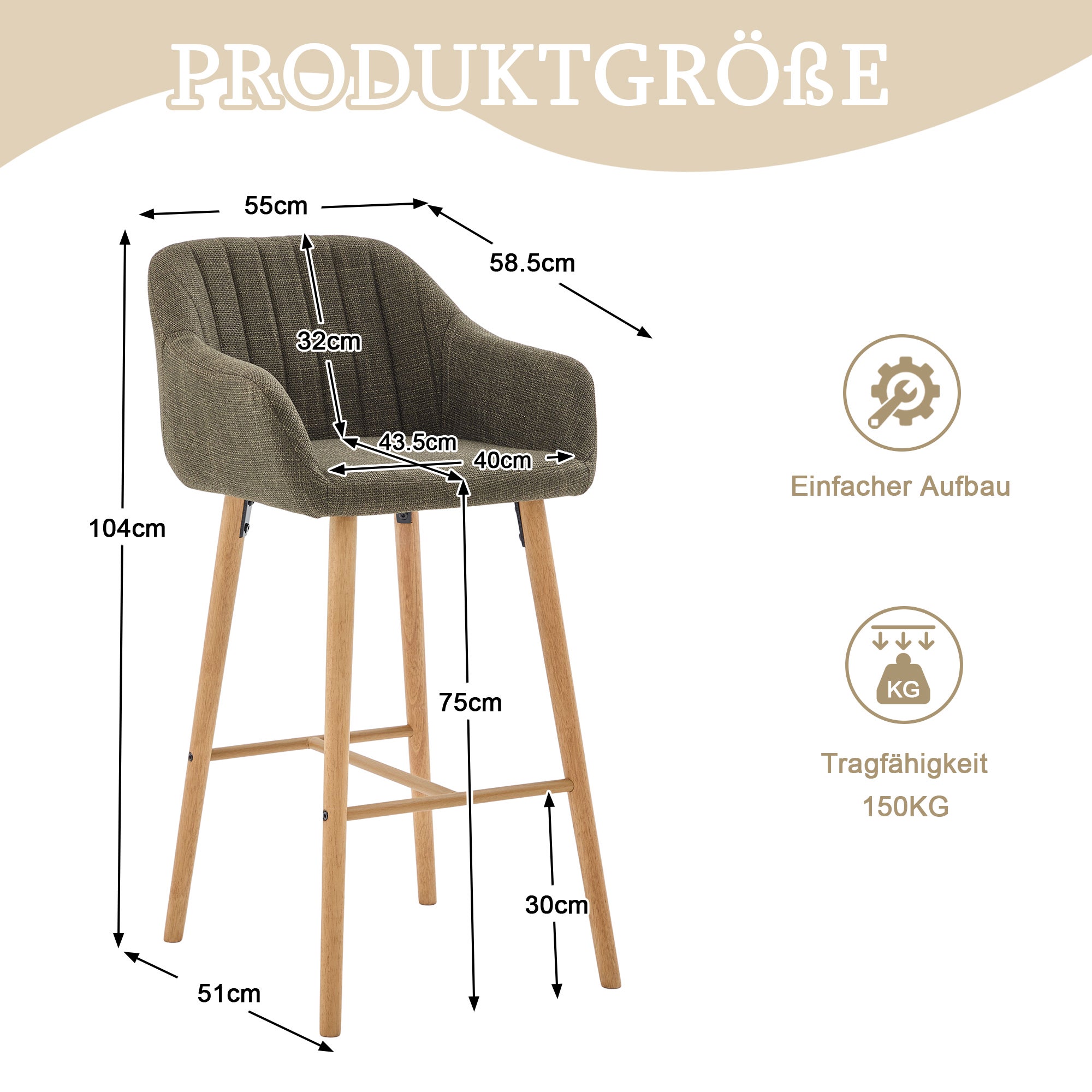 Lote de 2 taburetes de bar modernos con respaldo, reposabrazos, asiento de lino y pies de madera, verde - 4