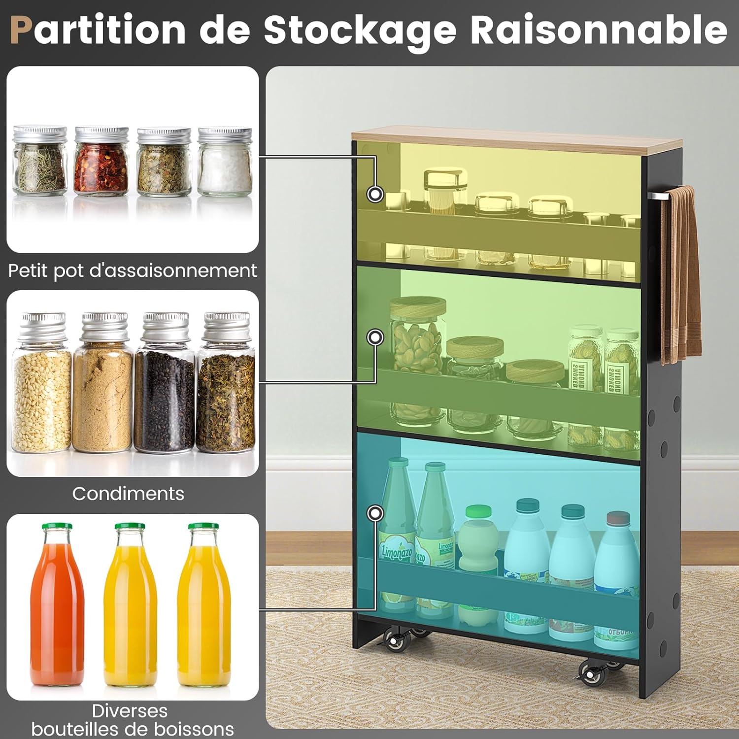 Chariot de Rangement Largeur 13 cm à roulettes, Desserte de Cuisine à 4 Niveaux, Poignée Latérale et Roues Universelles avec Freins (Noir + Naturel) - 3