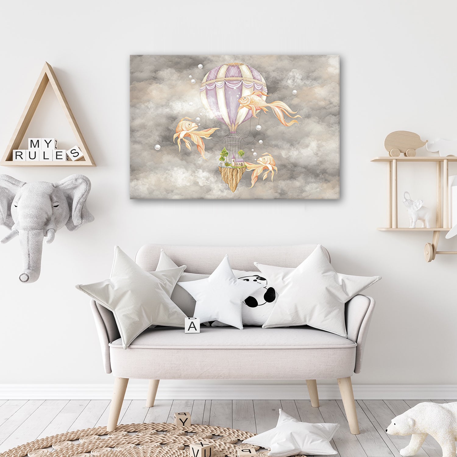 Tableau Déco Enfant 'Carte Du Monde Avec Avions' - Toile 80x50 Cm, Châssis Bois 2 Cm, Fabrication Française