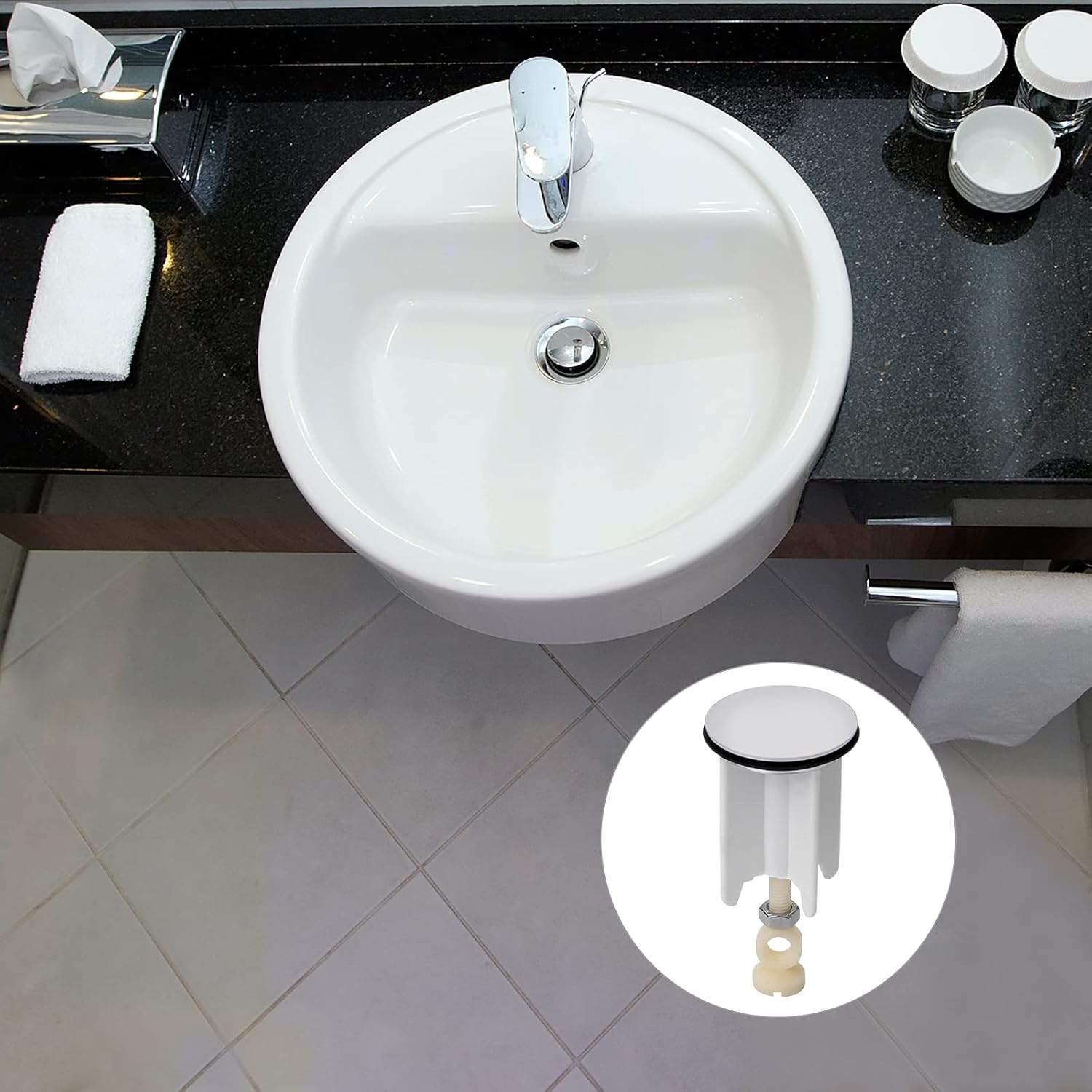 Bouchon de vidange Universel pour lavabo - Bonde réglable en Laiton chromé Blanc - Compatible évier Cuisine et Salle de Bain - 5