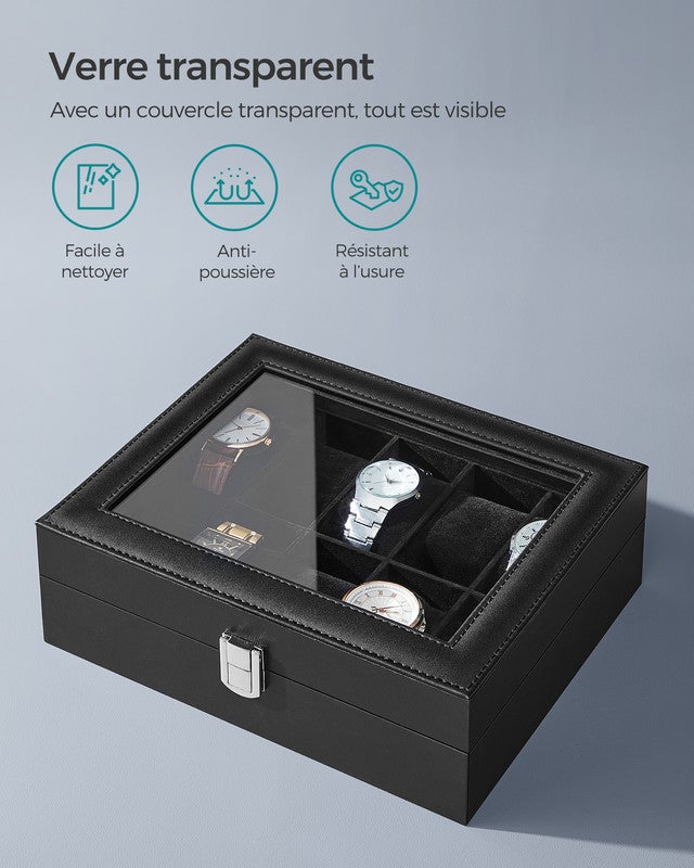 Boîte à Montres à 10 Emplacements, Écrin, Couvercle en Verre, Coussinets Amovibles, Serrure en Métal, Revêtement en Noir et Doublure en Noir - 3