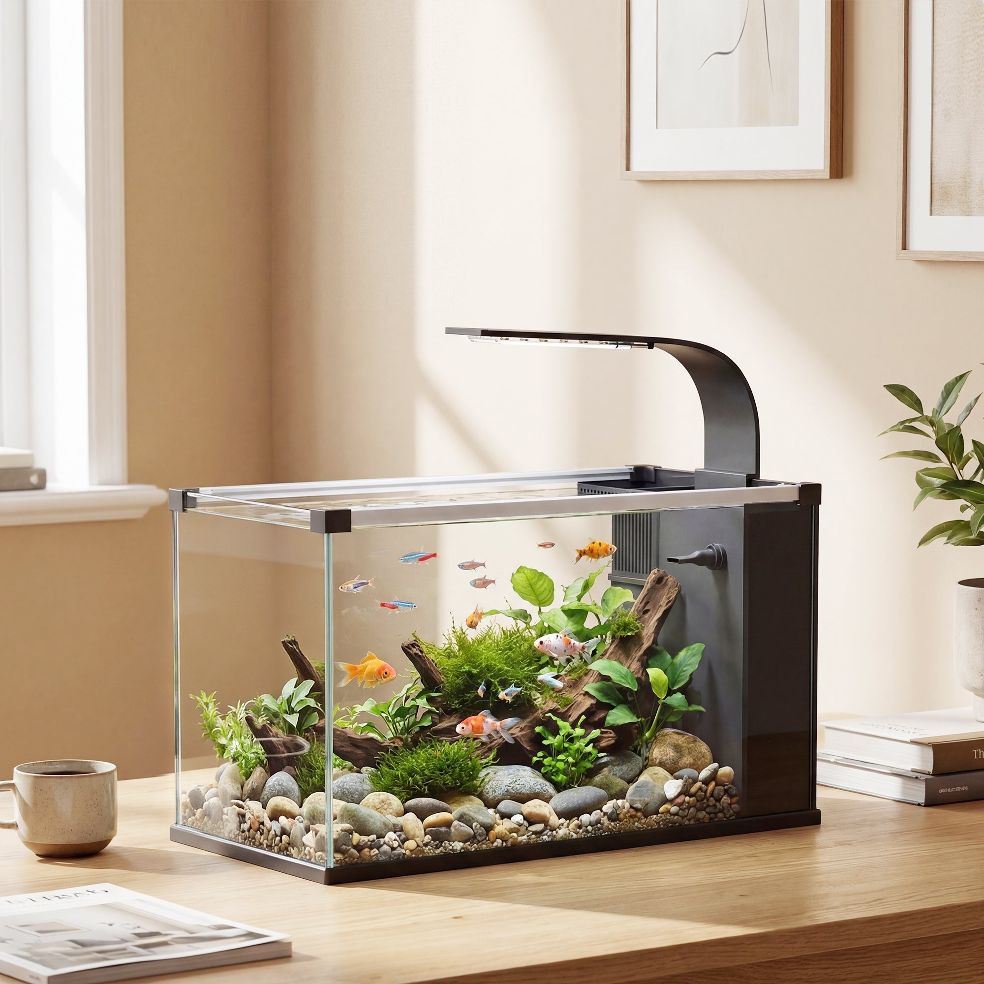 Acuario de vidrio templado de 24 litros con filtro, luz LED y bomba de agua. - 3