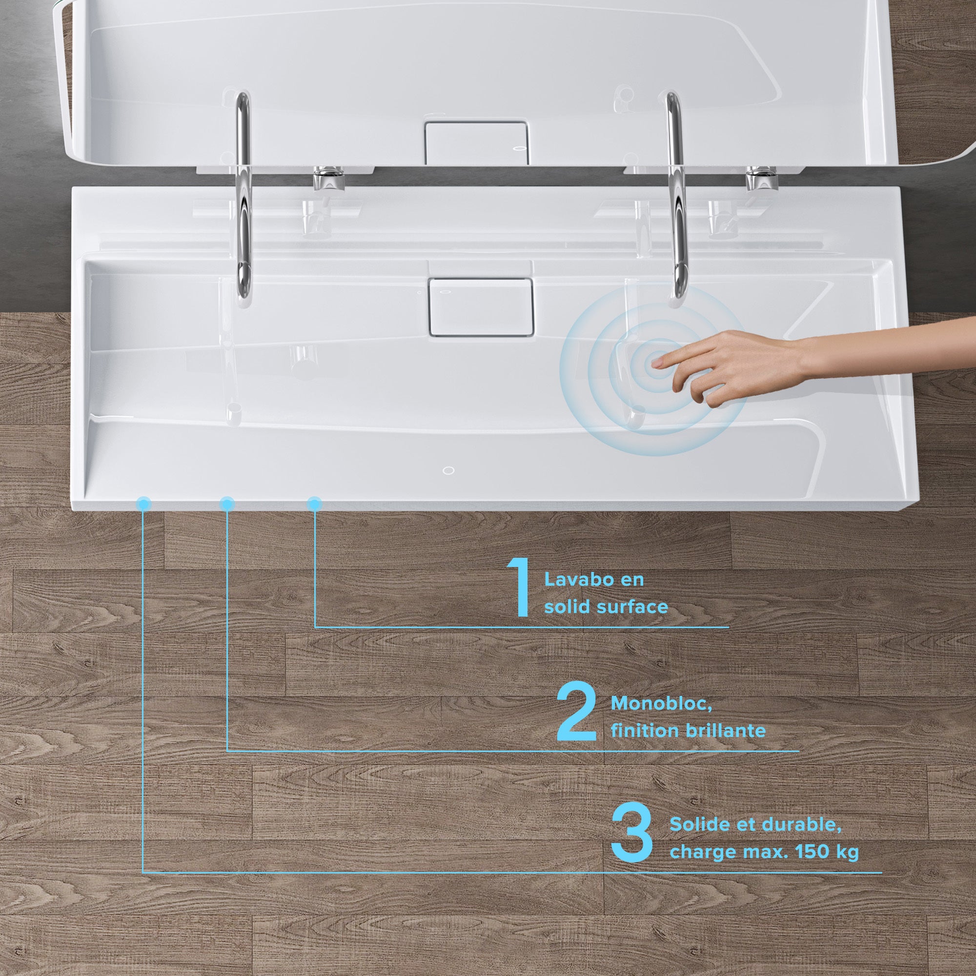 doporro Lavabo Suspendu avec Bonde Vasque à Poser Blanc 120x46x11cm Lave Mains Rectangulaire Colossum19 - 2