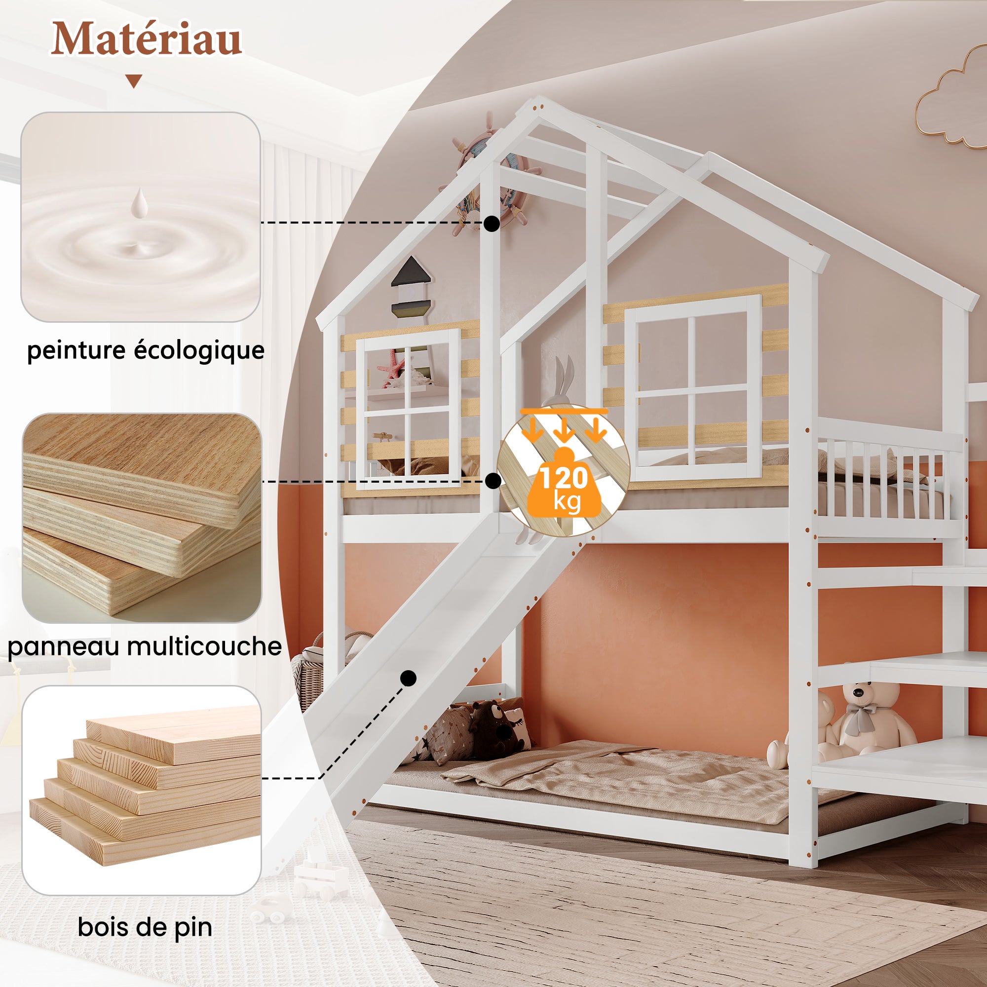 Lit superposés 2 x 90 x 200 cm avec escalier et toboggan - Bois massif et MDF - Blanc (sans matelas) - 7