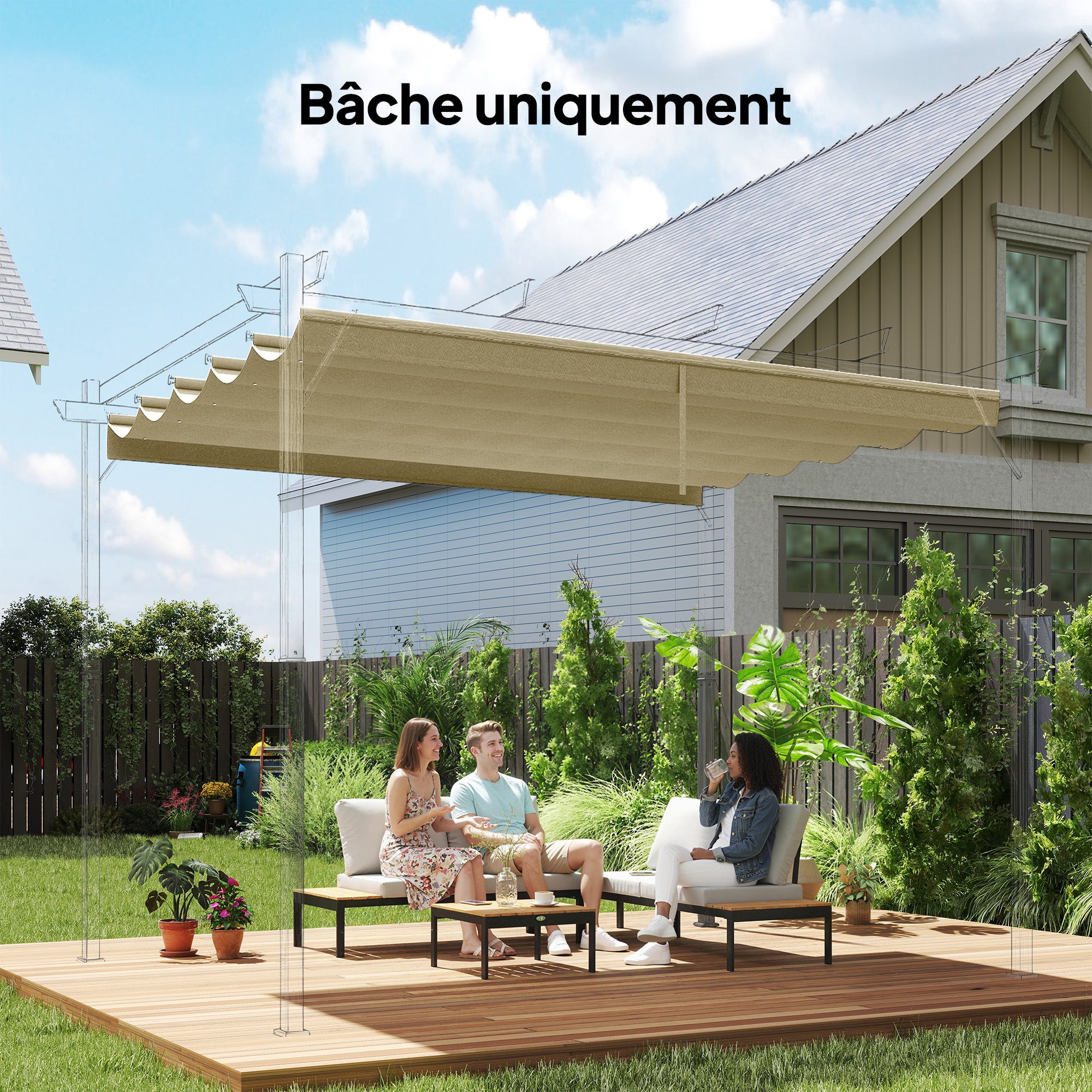 Toile de toit pour pergola tonnelle rétractable de 3 x 3 m - toile uniquement 250 x 255 cm beige - 3