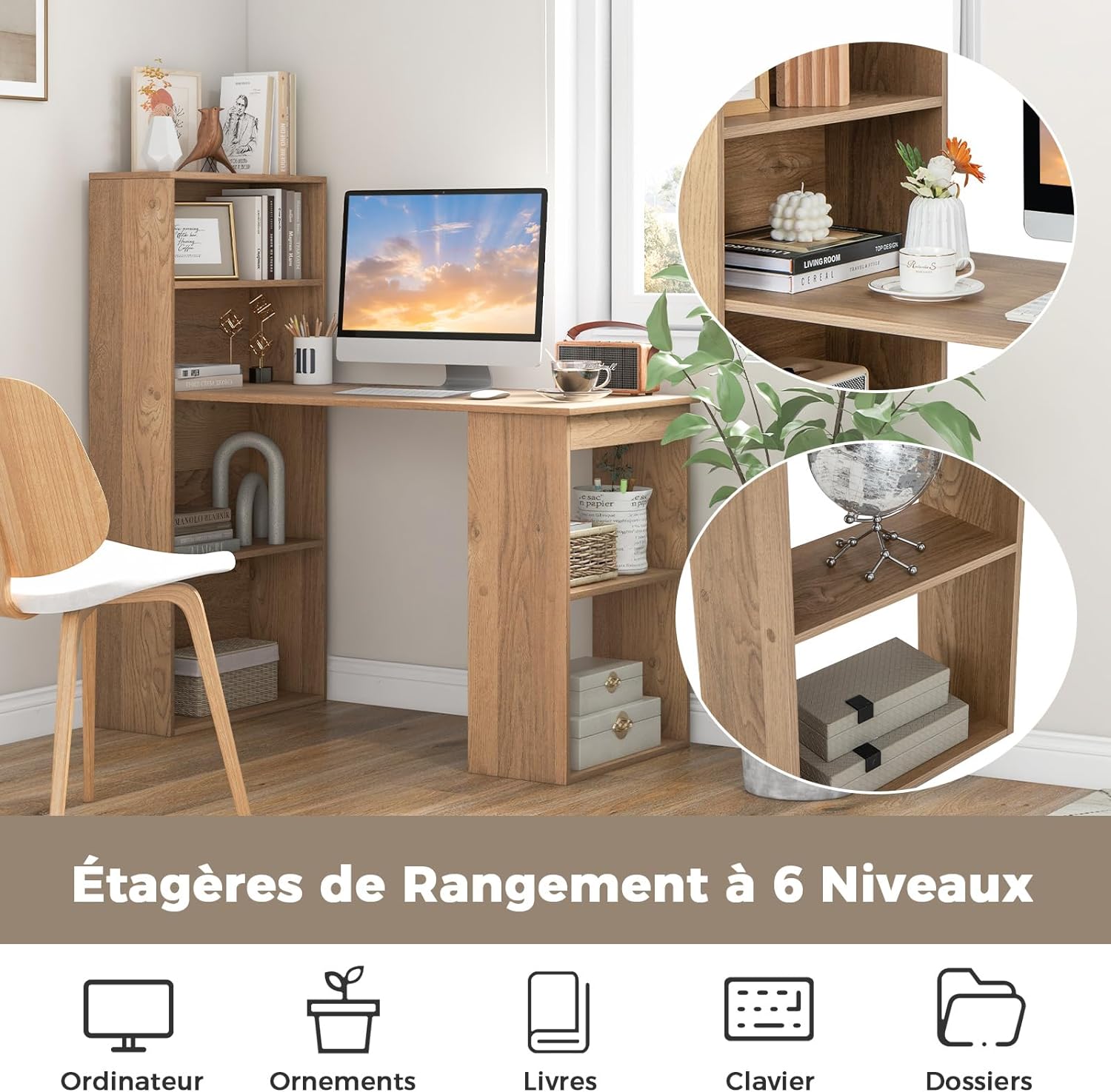 Bureau d'Ordinateur Réversible avec Bibliothèque,Assemblage Facile, pour Maison, Bureaux (Naturel) - 5