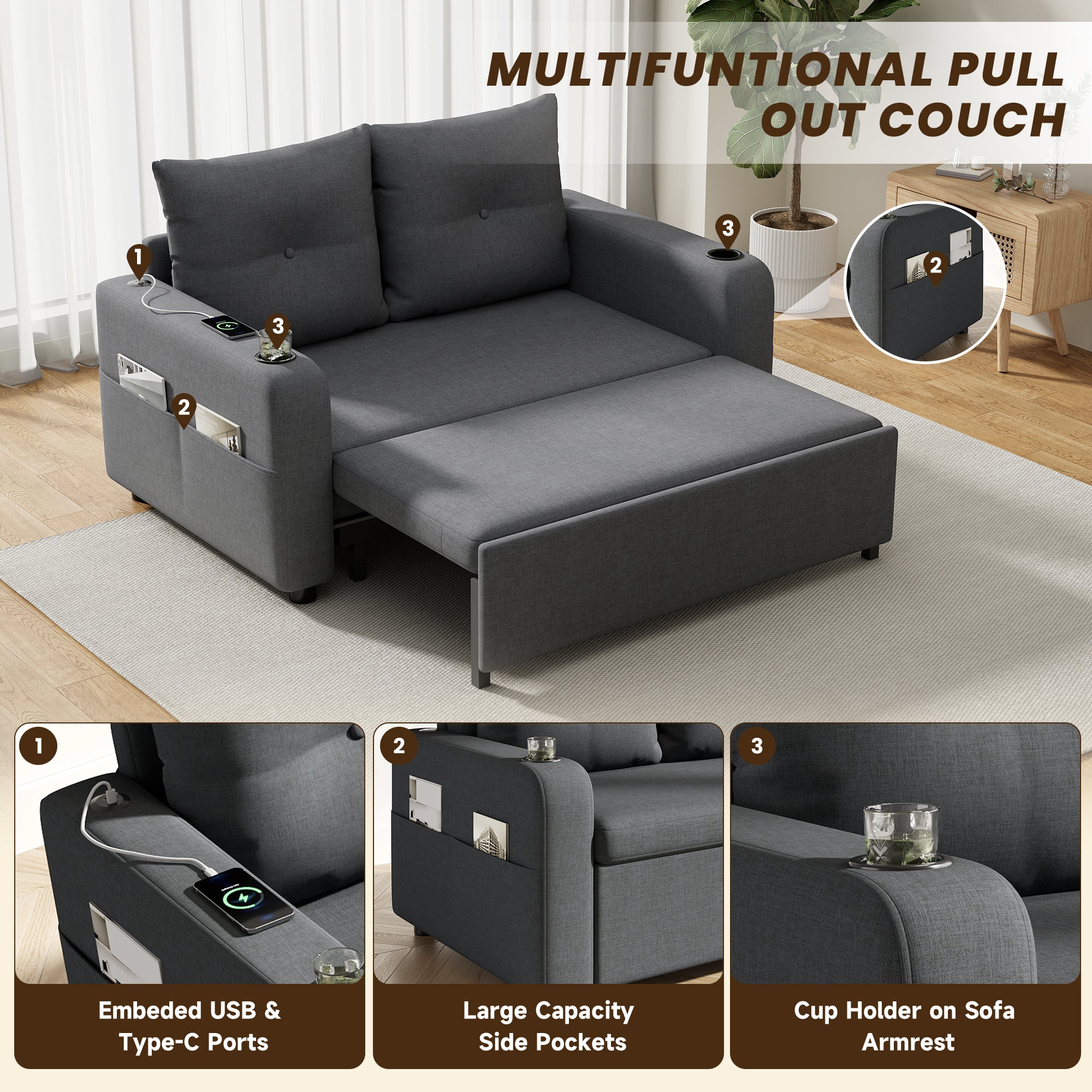Sofa 2-osobowa z funkcją spania, uchwytem na kubek, portem USB i kieszeniami bocznymi - 131 x 81 x 94 cm - Tapicerka bawełniano-lniana - Szara - 7