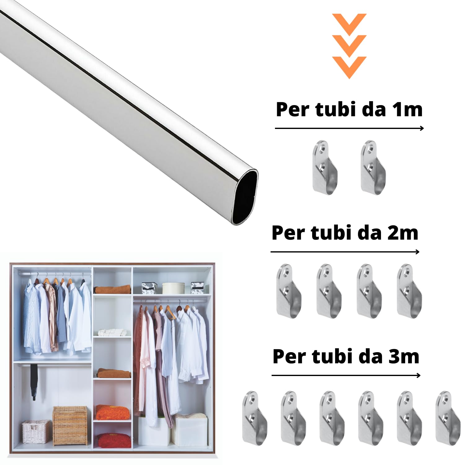 Tube Porte-Vêtements Chromé Ovale 15x30 mm Longueur 2 Mètres Pour Armoire avec 4 Supports Latéraux - 6