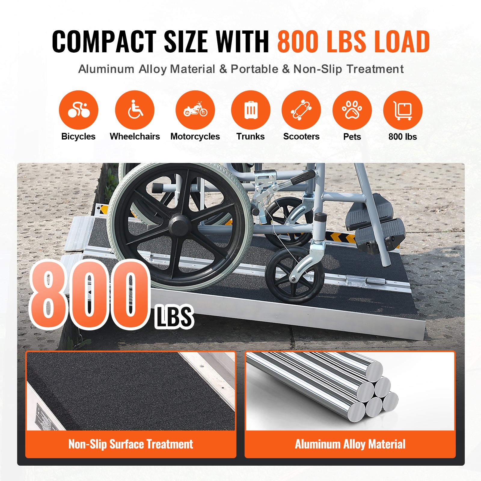 Rampe VEVOR pour fauteuil roulant, capacité 363 kg, en aluminium antidérapant 60,96 cm pour scooter, personnes handicapés, marches, maison, escaliers - 3