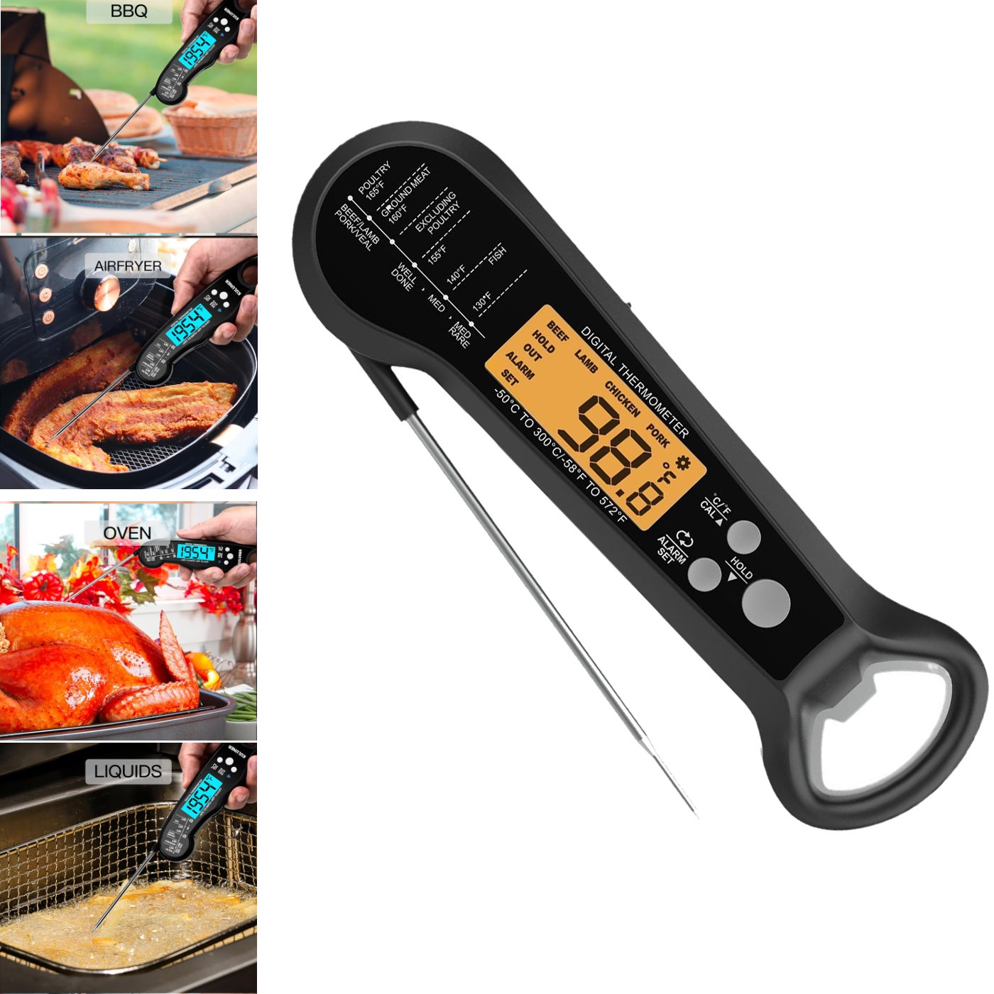 Wodoodporny cyfrowy termometr do mięsa z długą sondą ze stali nierdzewnej, podświetlanym ekranem LCD, -50℃-300℃, do grillowania i pieczenia
