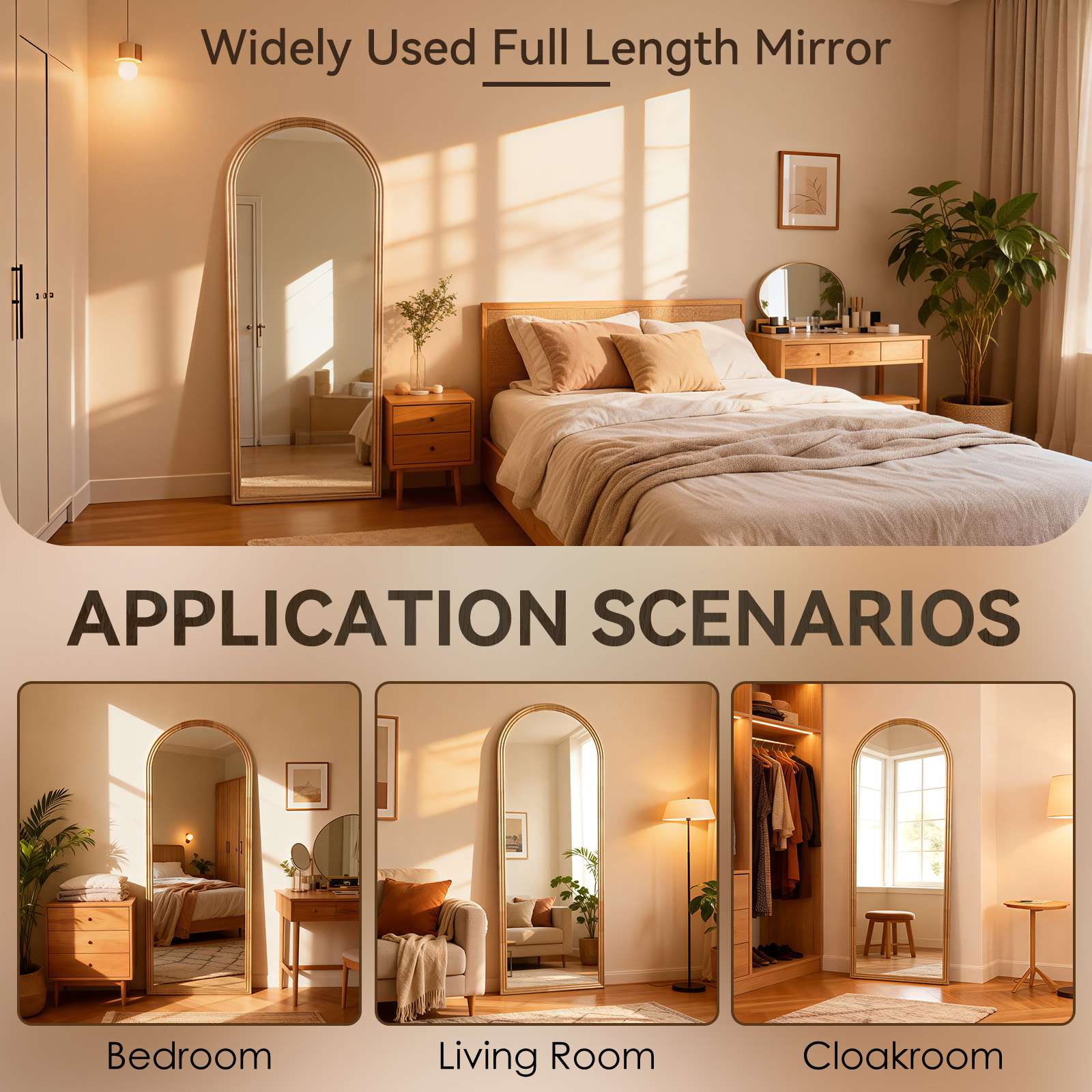 Espejo de Pie 160×50cm Arqueado en Madera Maciza, Espejo de Cuerpo Entero HD Anti-Deformación para Dormitorio y Salón - 5