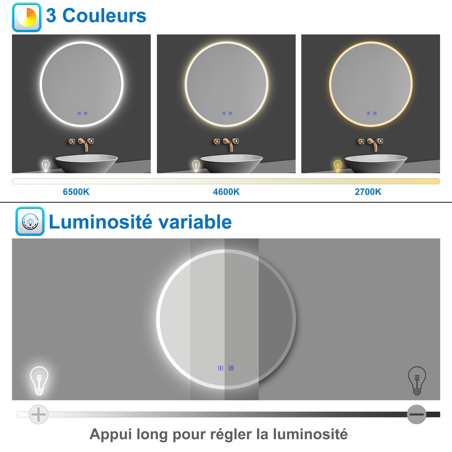 AICA Miroir lumineux rond 60cm, bluetooth + 3 couleurs + dimmable + anti-buée + mémoire, miroir salle de bain mural - 4