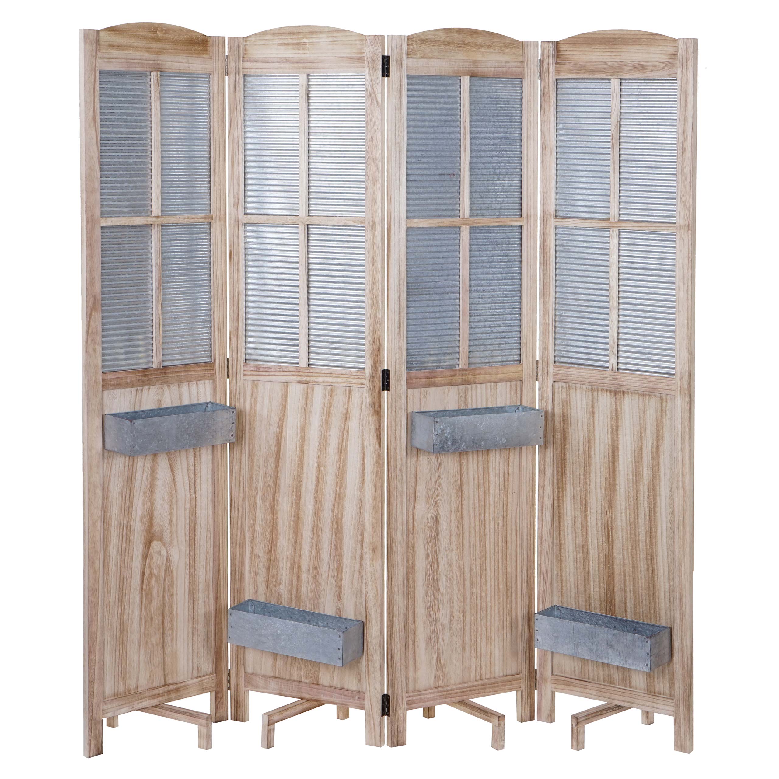 Biombo de 4 paneles con 4 jardineras extraíbles separador de ambientes pared divisoria de madera y metal 04_0003921