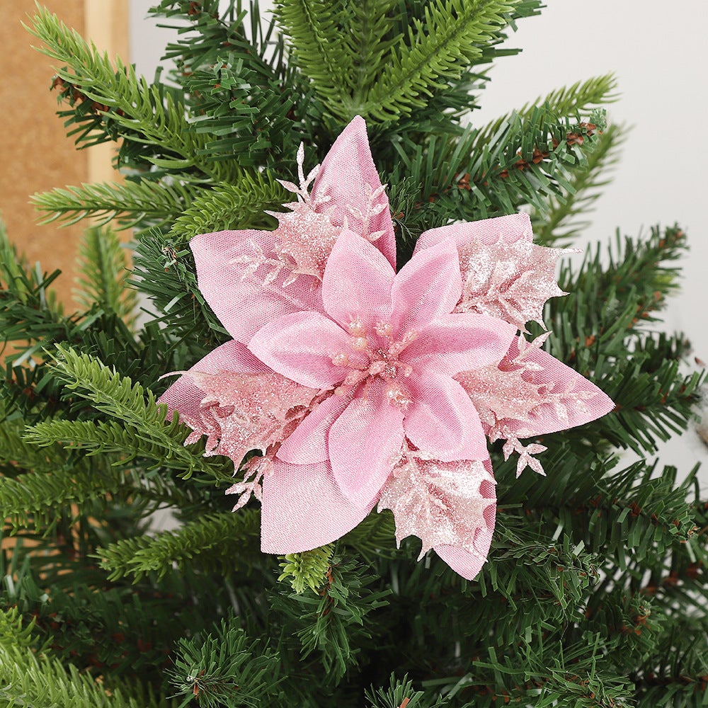 Lot de 10 décorations de Noël, fleurs artificielles scintillantes avec clips, décorations pour sapin de Noël, pendentifs de fleurs artificielles - 9