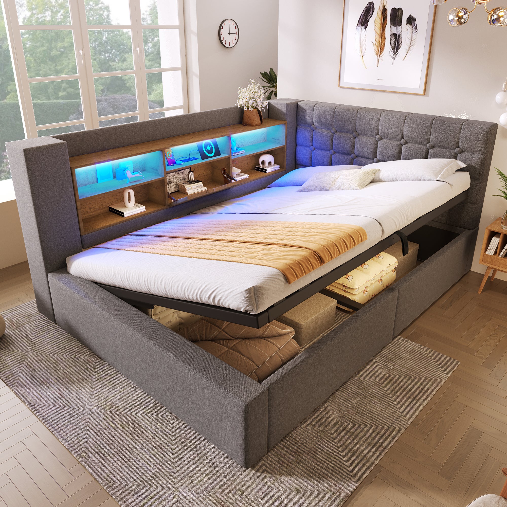 Łóżko z pojemnikiem 140 x 200 cm i 6 przegródkami – tkanina lniana – diody LED i porty USB – kolor szary (materac nie jest dołączony)