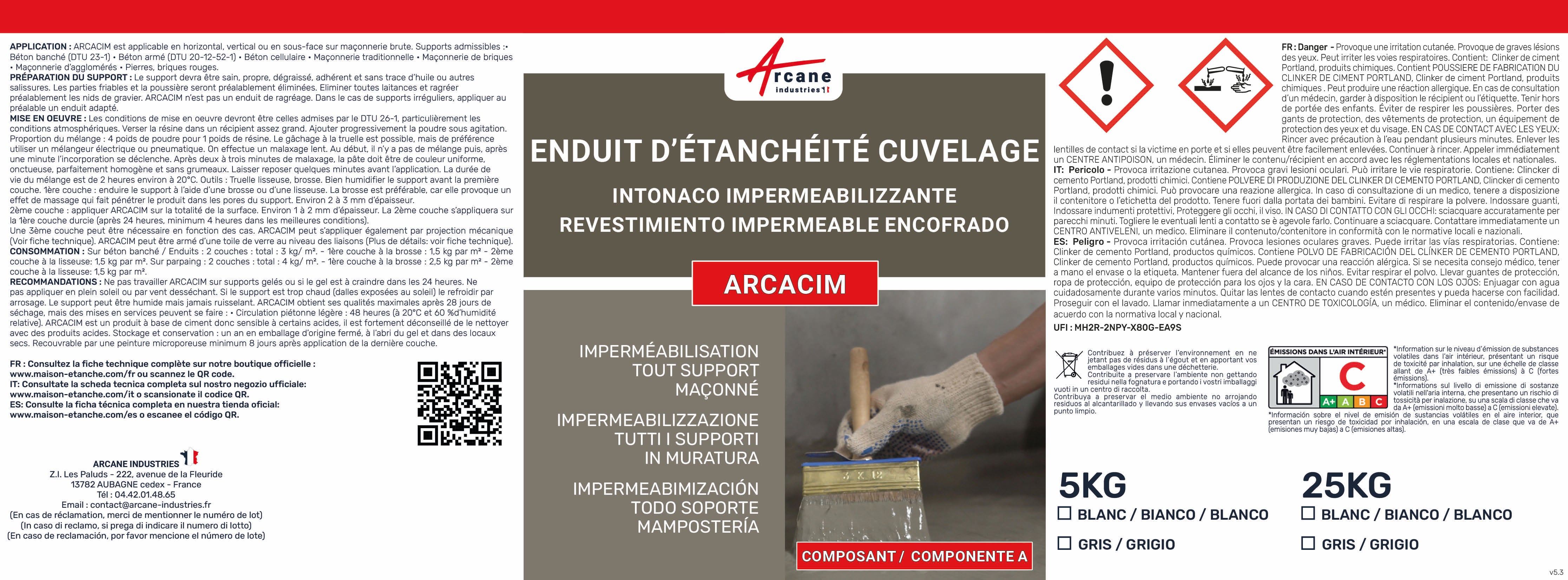 Enduit d'étanchéité hydrofuge pour support maçonné - ARCACIM - 25 kg Gris - ARCANE INDUSTRIES - 3