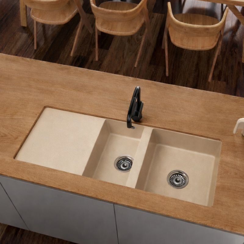 Fregadero de cocina ulises bajo encimera 1 seno y medio 96,8 x 50 cm de resina beige | muebles desde 60 cm