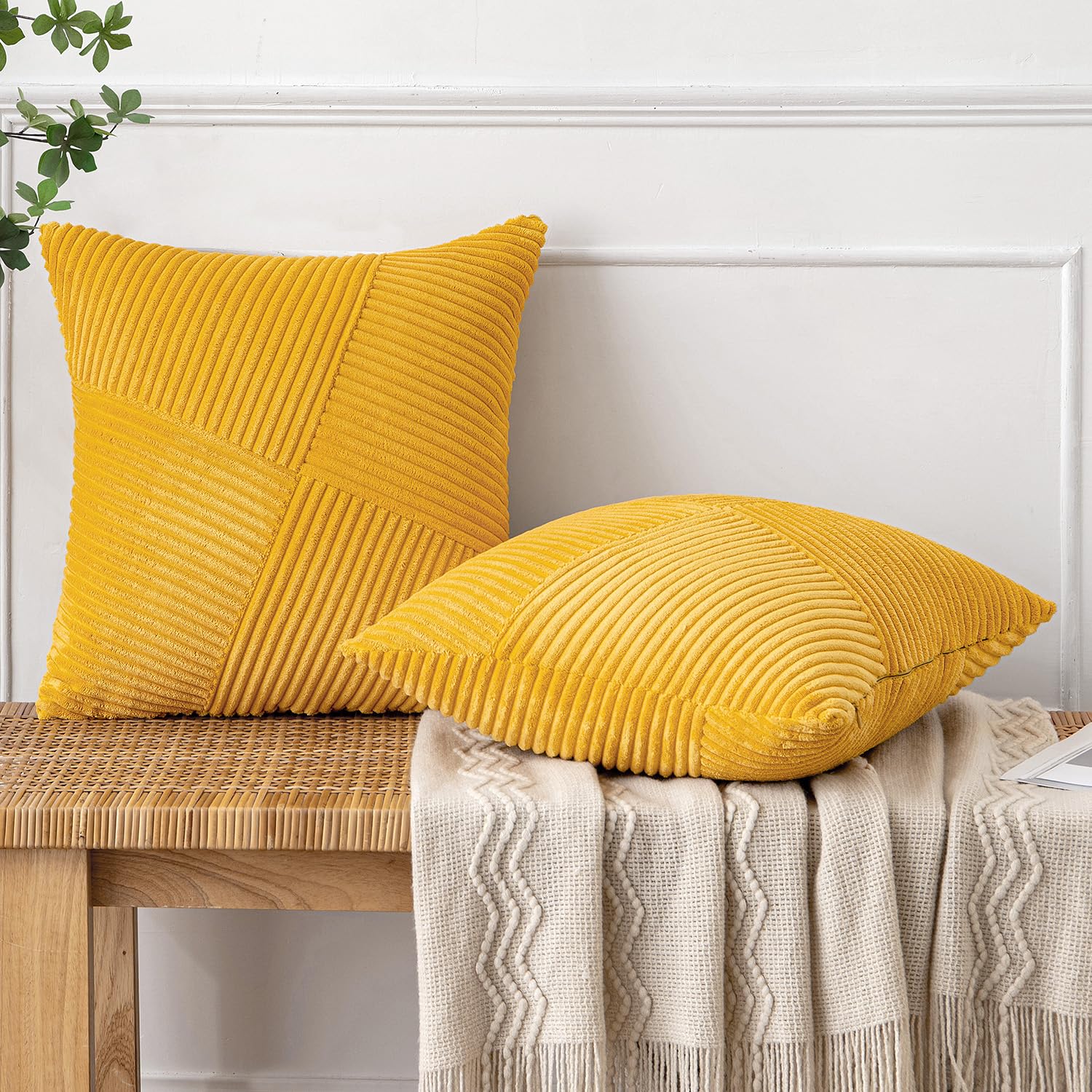 2 pièces de housses de coussin en velours côtelé 45x45 cm avec housses de coussin à fermeture éclair cachée, adaptées à la chambre et au salon, jaune - 2