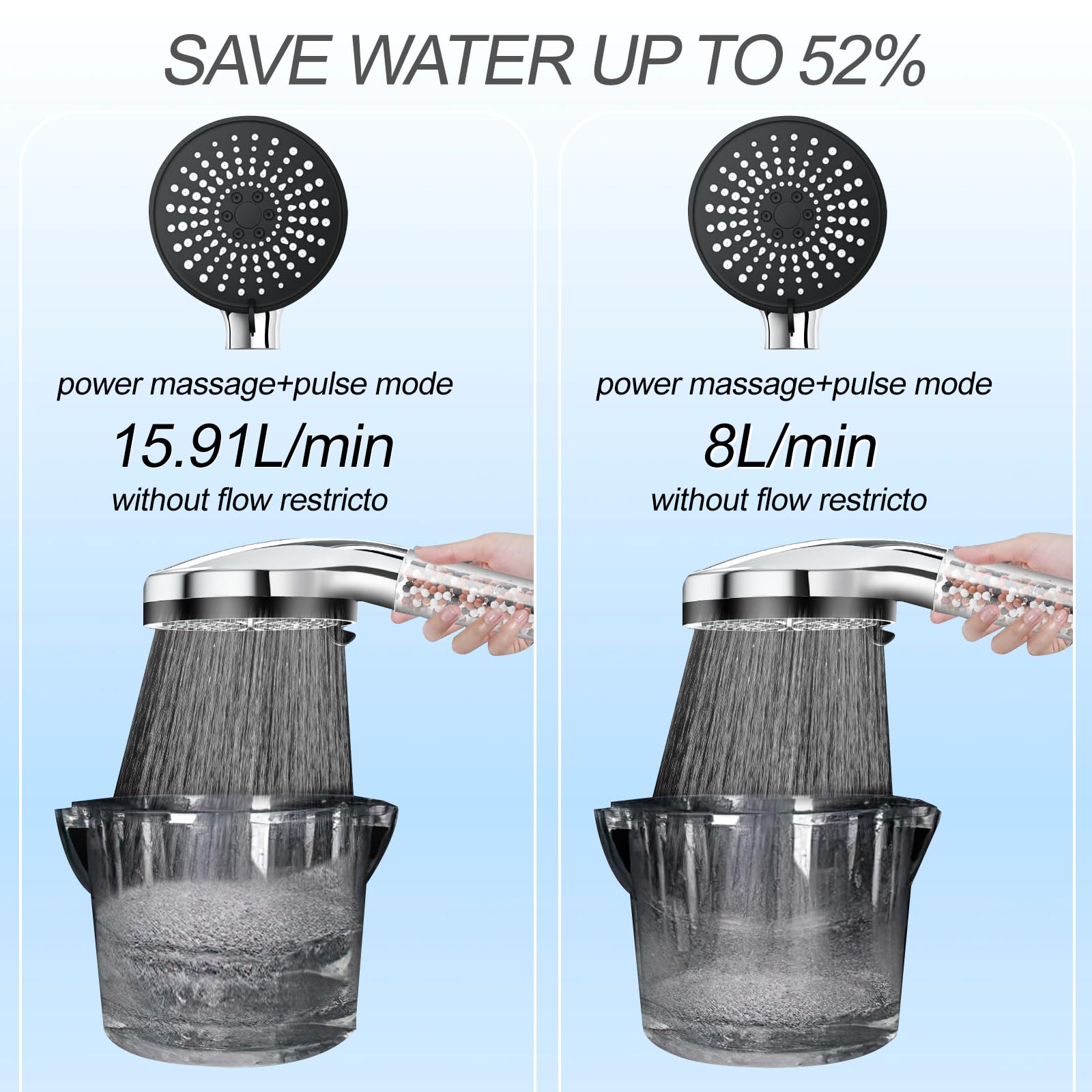 Pommeau de Douche,avec Filtre à Billes,5 Modes Spray,Pommeau de Douche Portatif à Grand Débit,Des Métaux Lourds,Des Impuretés,avec Tuyau de 1.5M - 6