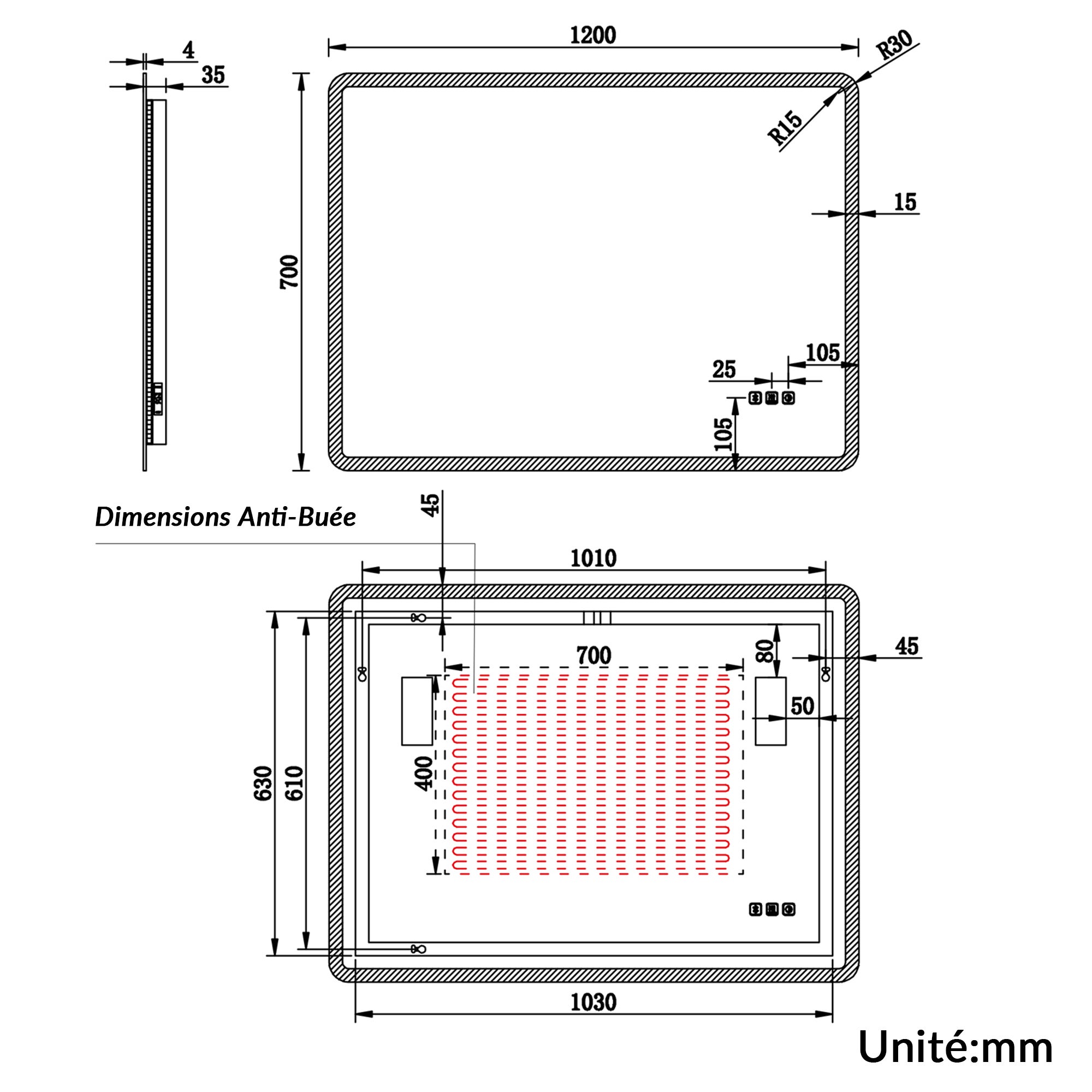 SIRHONA Miroir de Salle de Bain 120x70cm, Bluetooth,&nbsp;Anti-Buée Centrale, Lumière Bleue/Violette/Blanche, Prise Intégrée, Verre 5mm, Cadre Aluminium - 8