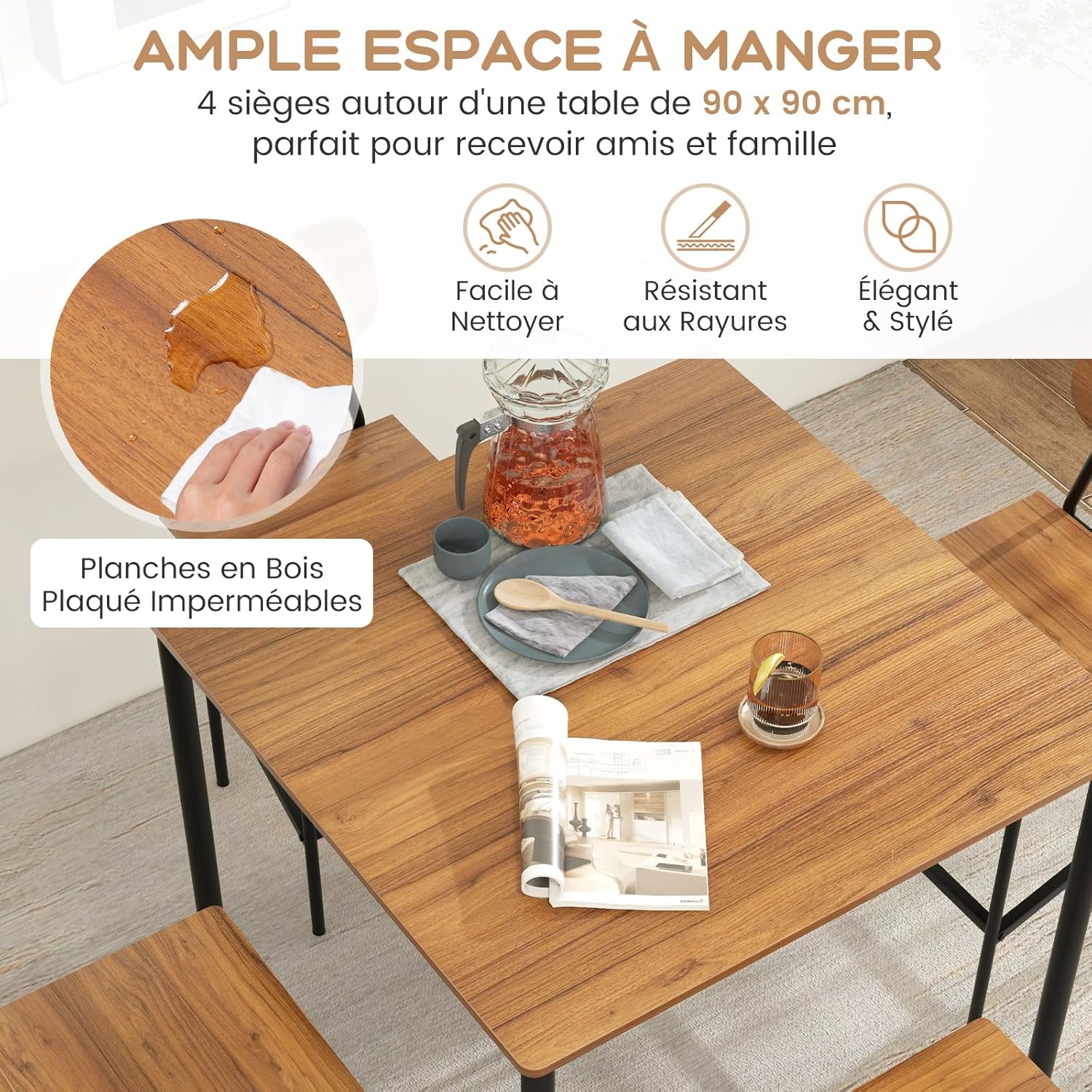 Table et 4 Chaises, Table Haute Cuisine 90 x 90 cm, Tabouret avec Dossier, Mange Debout pour 4 Personnes, Design Compact(Marron Rustique) - 4