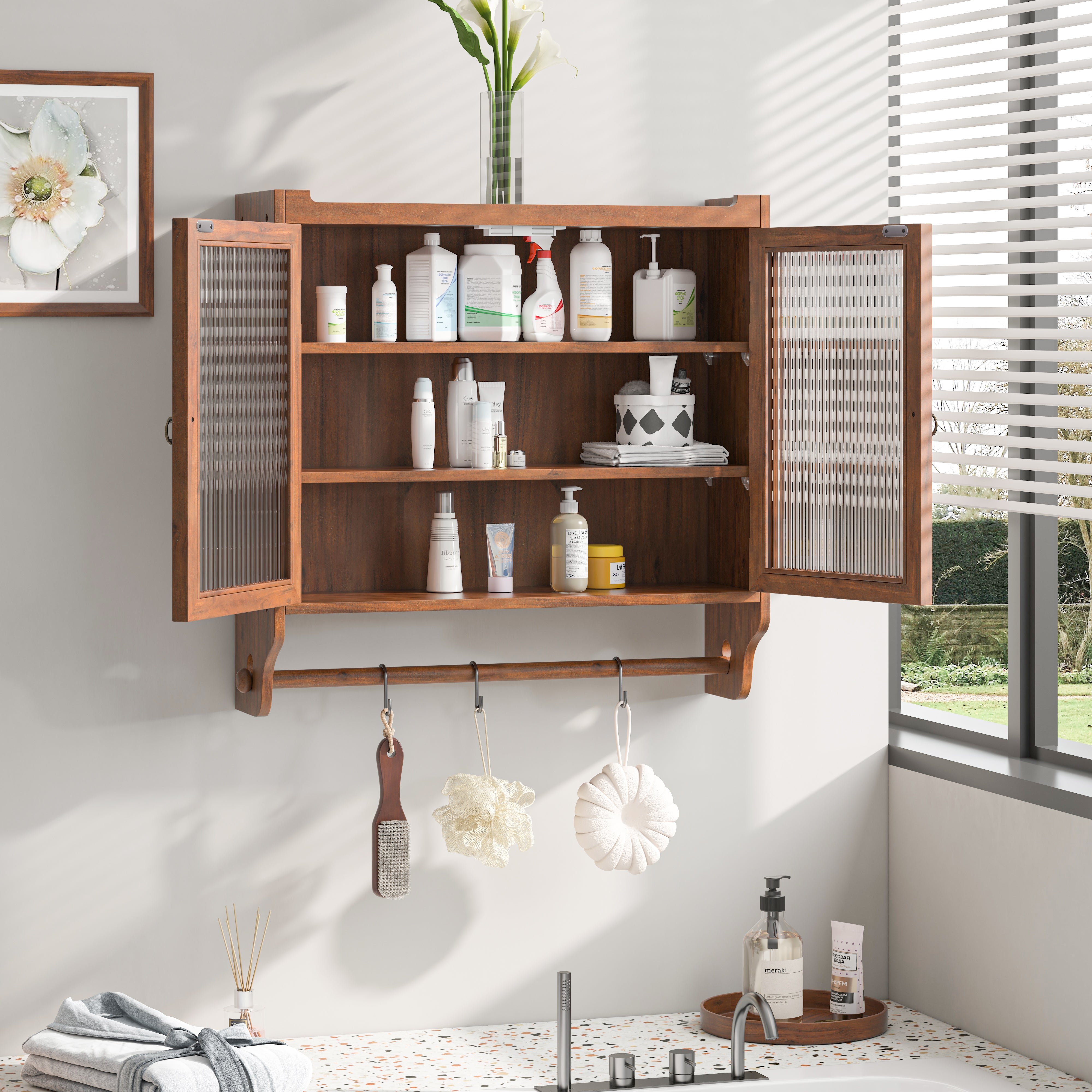 Armoire Murale Vintage 2 Portes En Verre Cannelé, 3 Niveaux, Porte- serviettes, Blanc - Meuble haut de cuisine