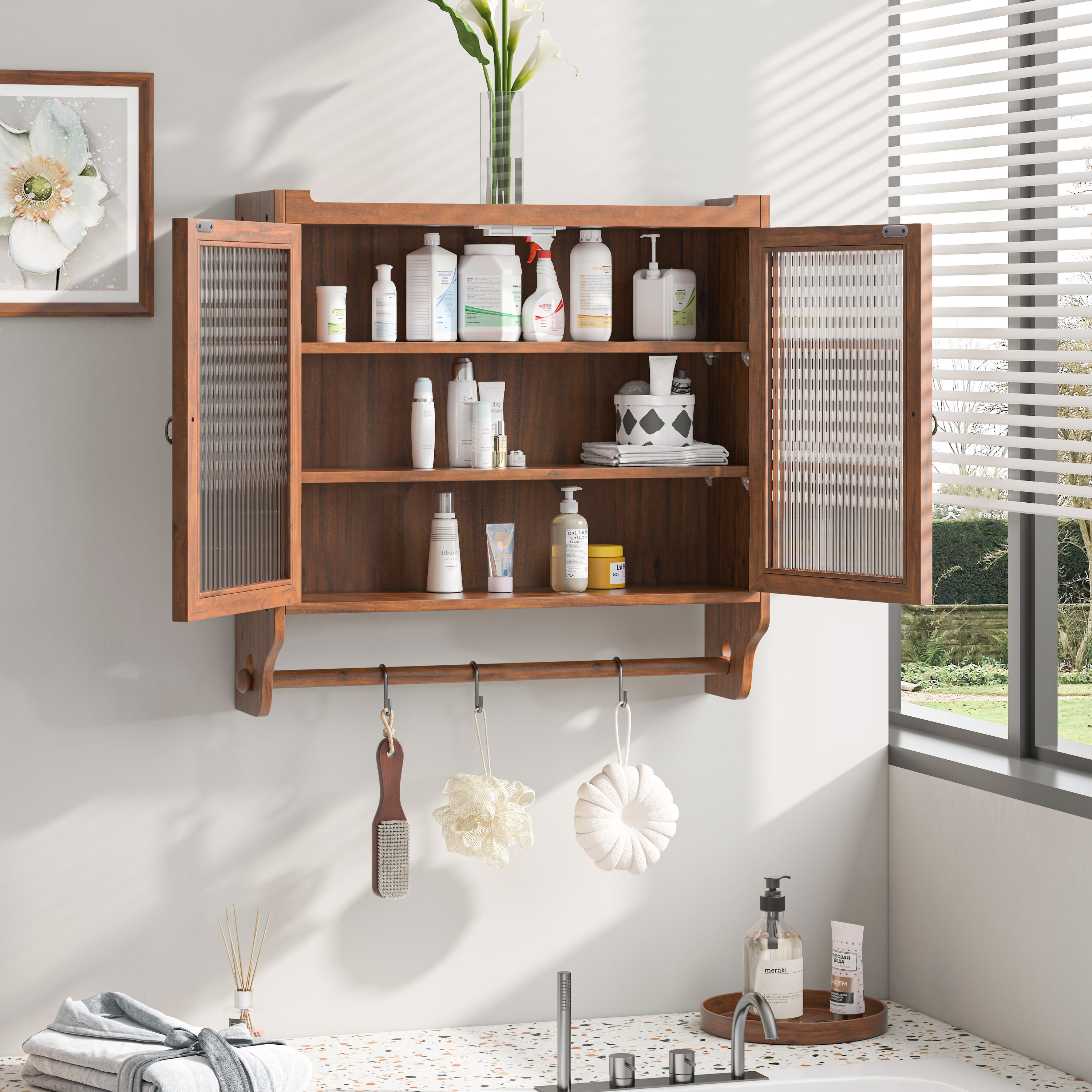 Armoire Murale Vintage 2 Portes En Verre Cannelé, 3 Niveaux, Porte- serviettes, Blanc - Meuble haut de cuisine Armoire Murale Vintage 2 Portes En Verre Cannelé, 3 Niveaux, Porte- serviettes, Blanc - Meuble haut de cuisine