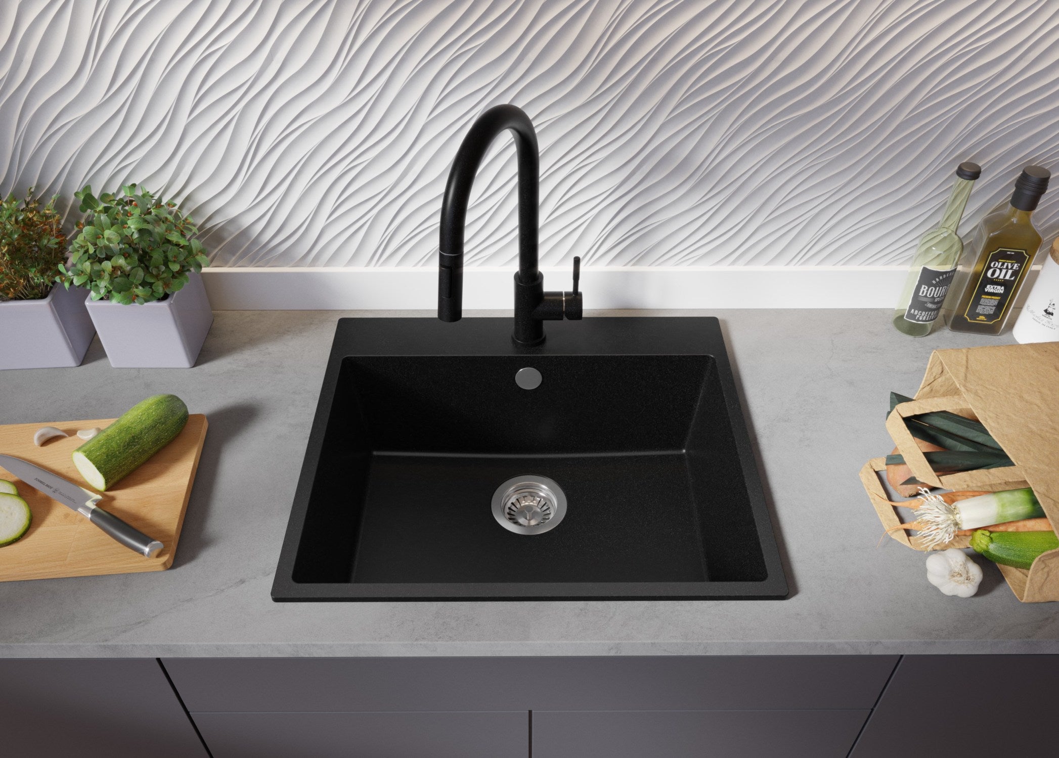 Evier Cuisine en Granit Tout Noir 58x50cm, Lavabo 1 bac + Kit de Vidage, Évier à Encastrer au meuble 60cm - Riga PRIMAGRAN - 3