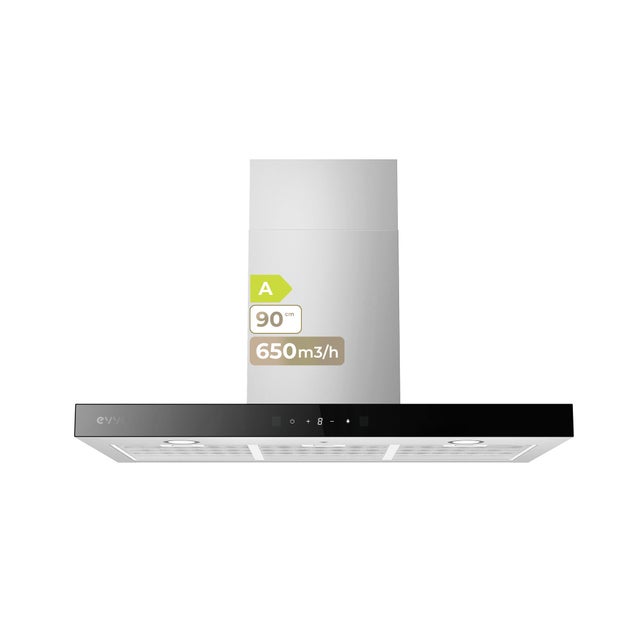 Campana Extractora Decorativa EVVO CE36, 90 cm, Inox, 650 m³/h, 3 Velocidades, Energía A
