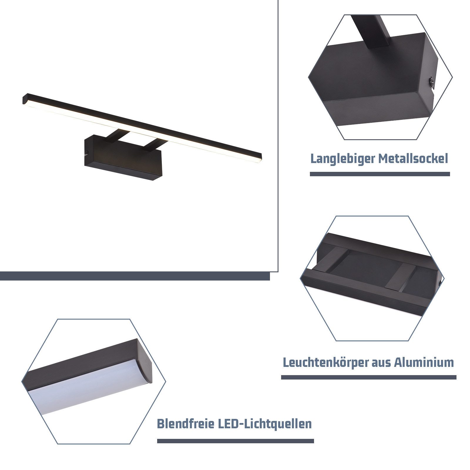 NETTLIFE Lampe à miroir LED noire 60CM Moderne 4000K Salle de bain Lampe à miroir murale - 4