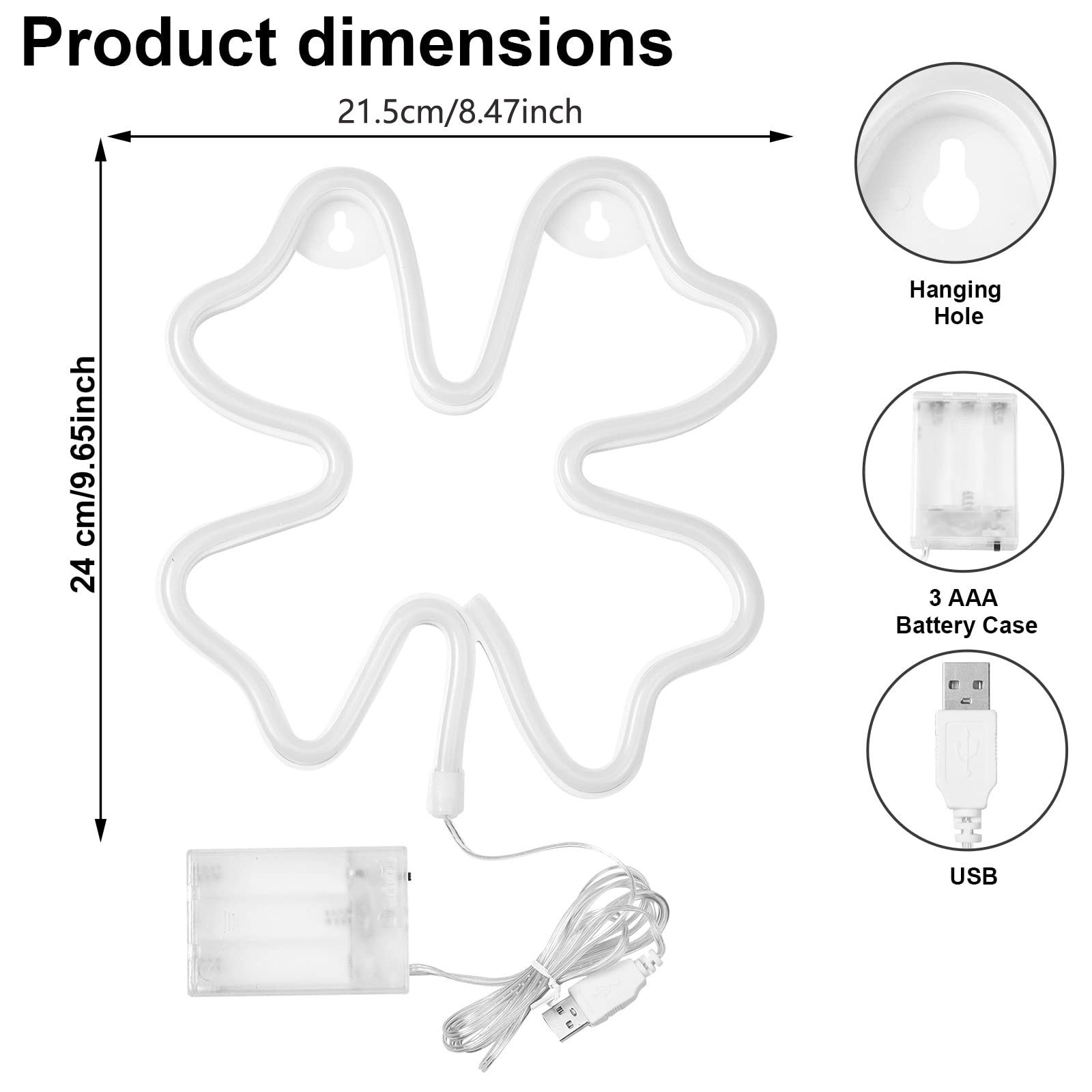 Insegne al neon a LED, luci decorative verdi a forma di quadrifoglio Luce a LED alimentata tramite USB/batteria per decorazioni - 2