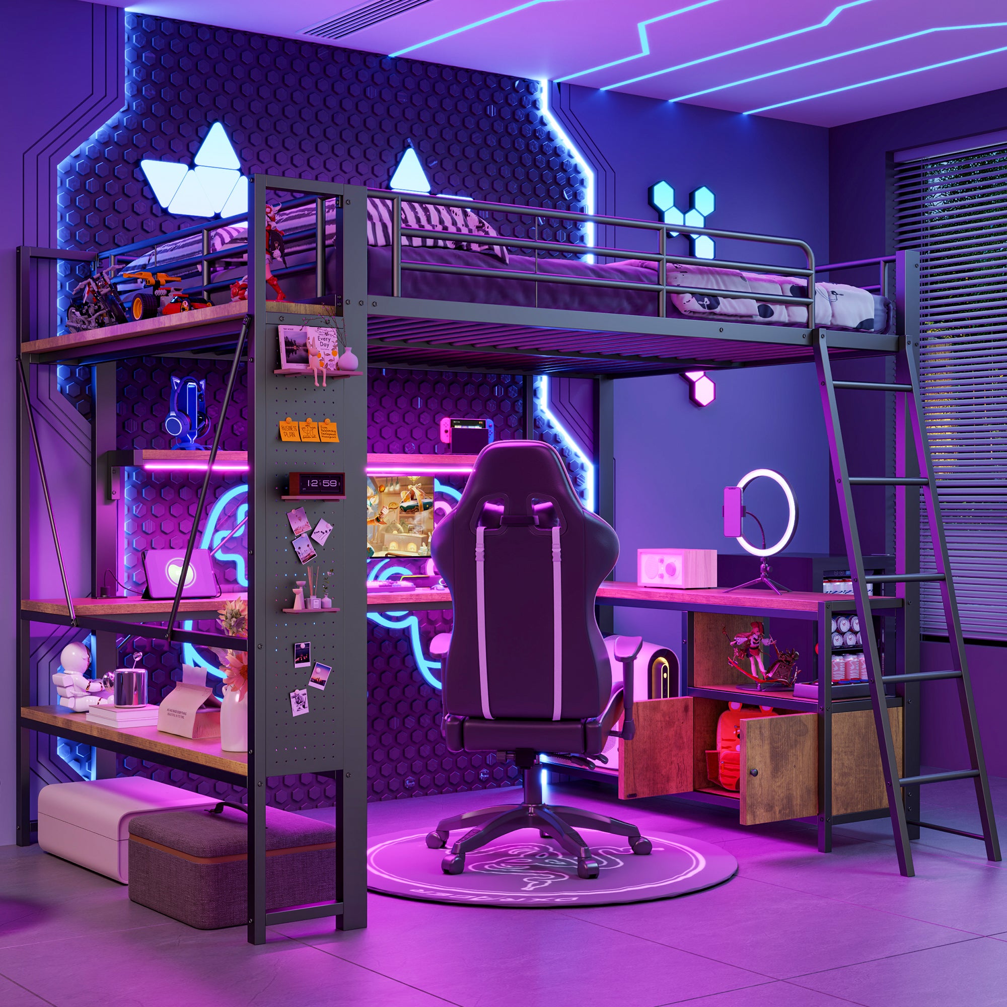 Merax  Cama Alta 140 X 200 Cm Con Escritorio Esquinero Y Estantes, Metal + Mdf, Leds Y Puerto Usb, (Colchón No Incluido) Negro , Leroy Merlin