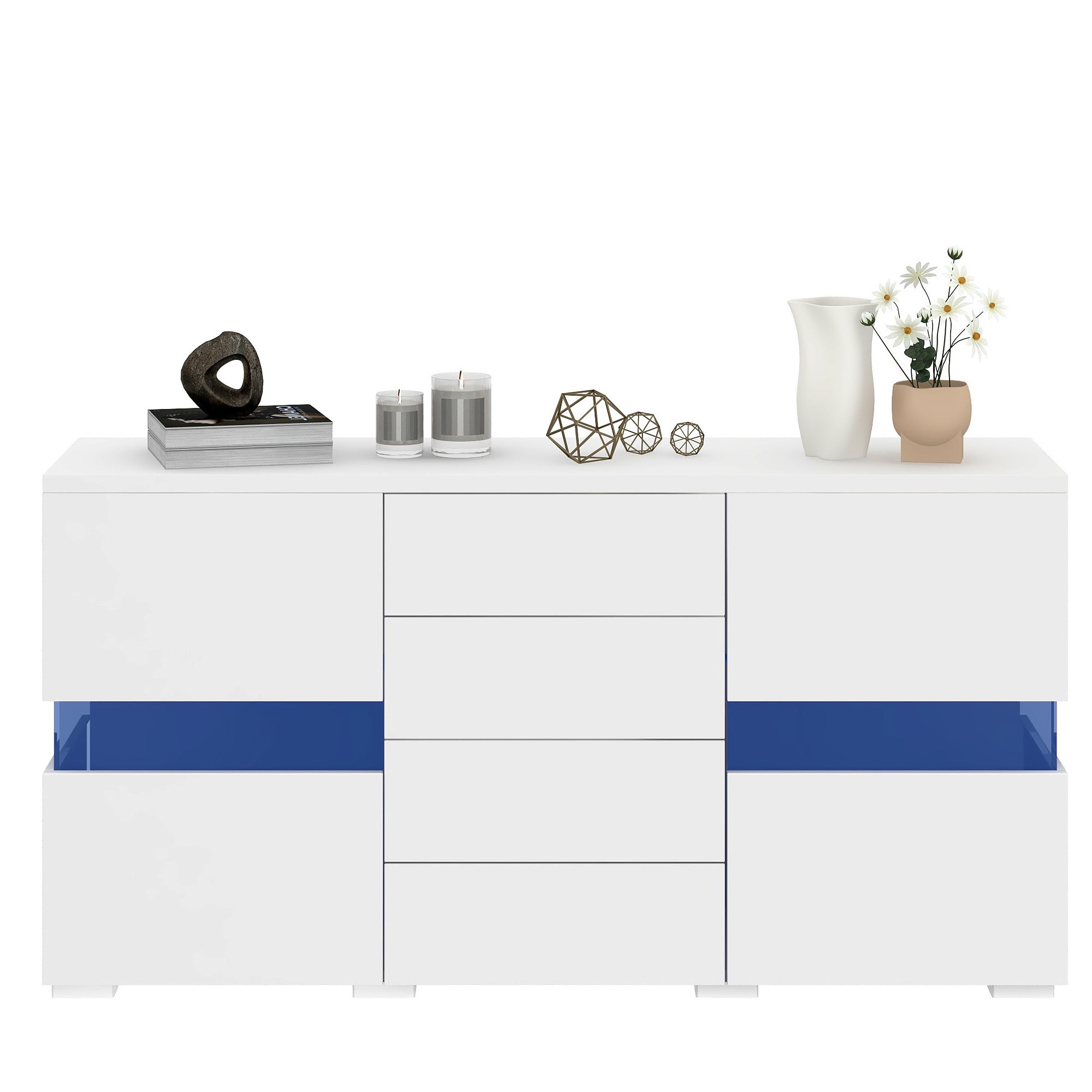 Komoda niska z 4 szufladami i 2 drzwiami - 145 x 35 x 72 cm - LED - do jadalni lub salonu - MDF - biała - 7