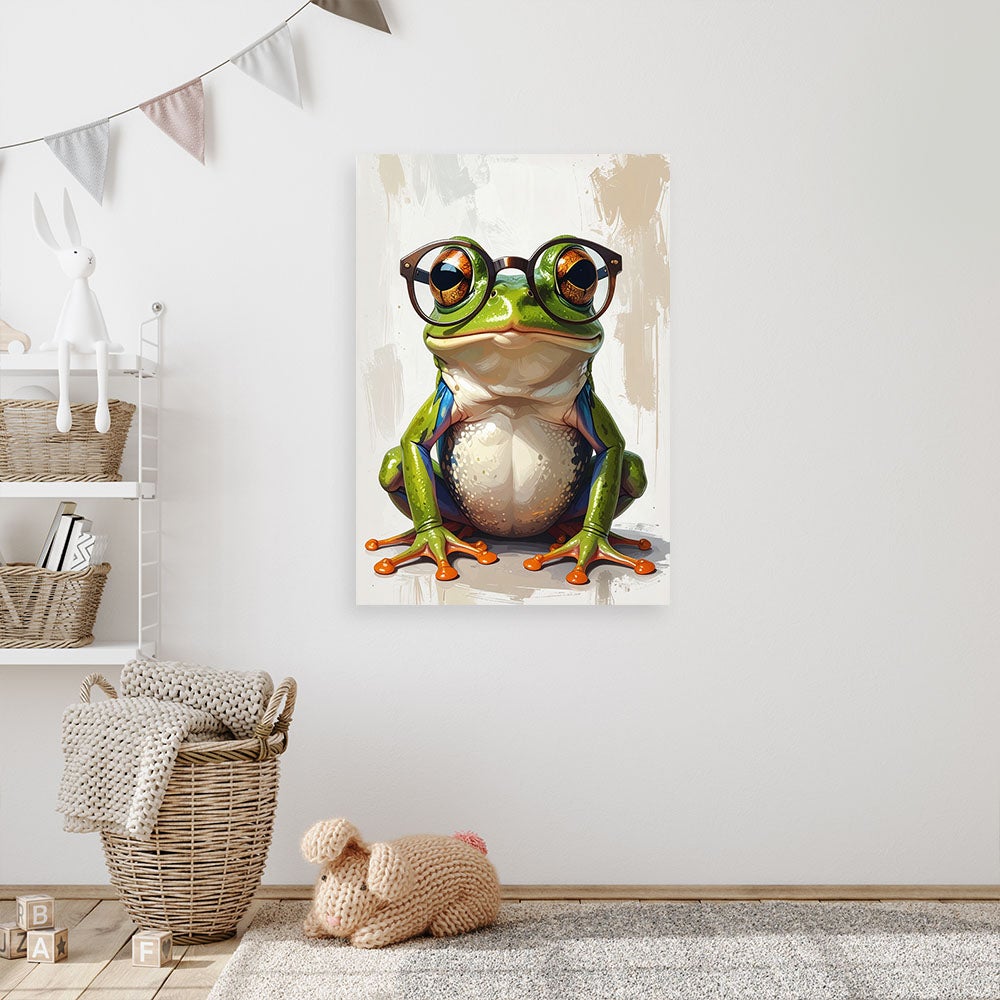 Obraz do pokoju nastolatka dziecka, Zielona żaba w okularach na beżowym tle 20x30